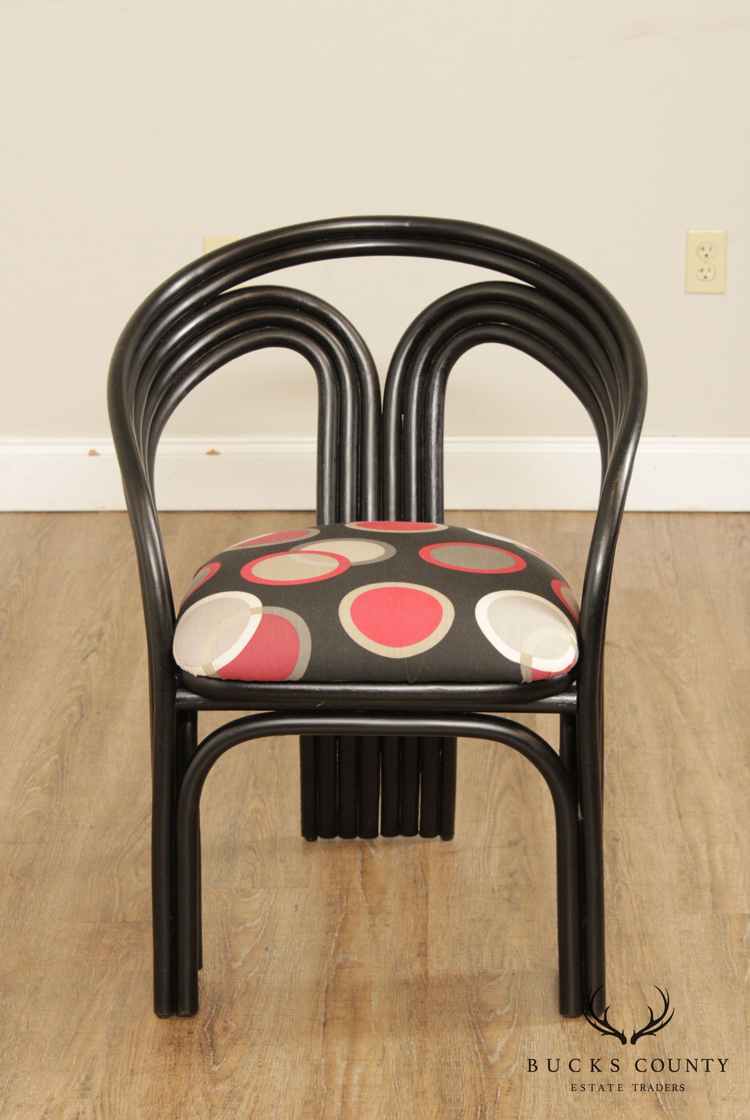 Vintage Art Deco Style Pair Black Lacquer Bentwood Rattan Armchairs