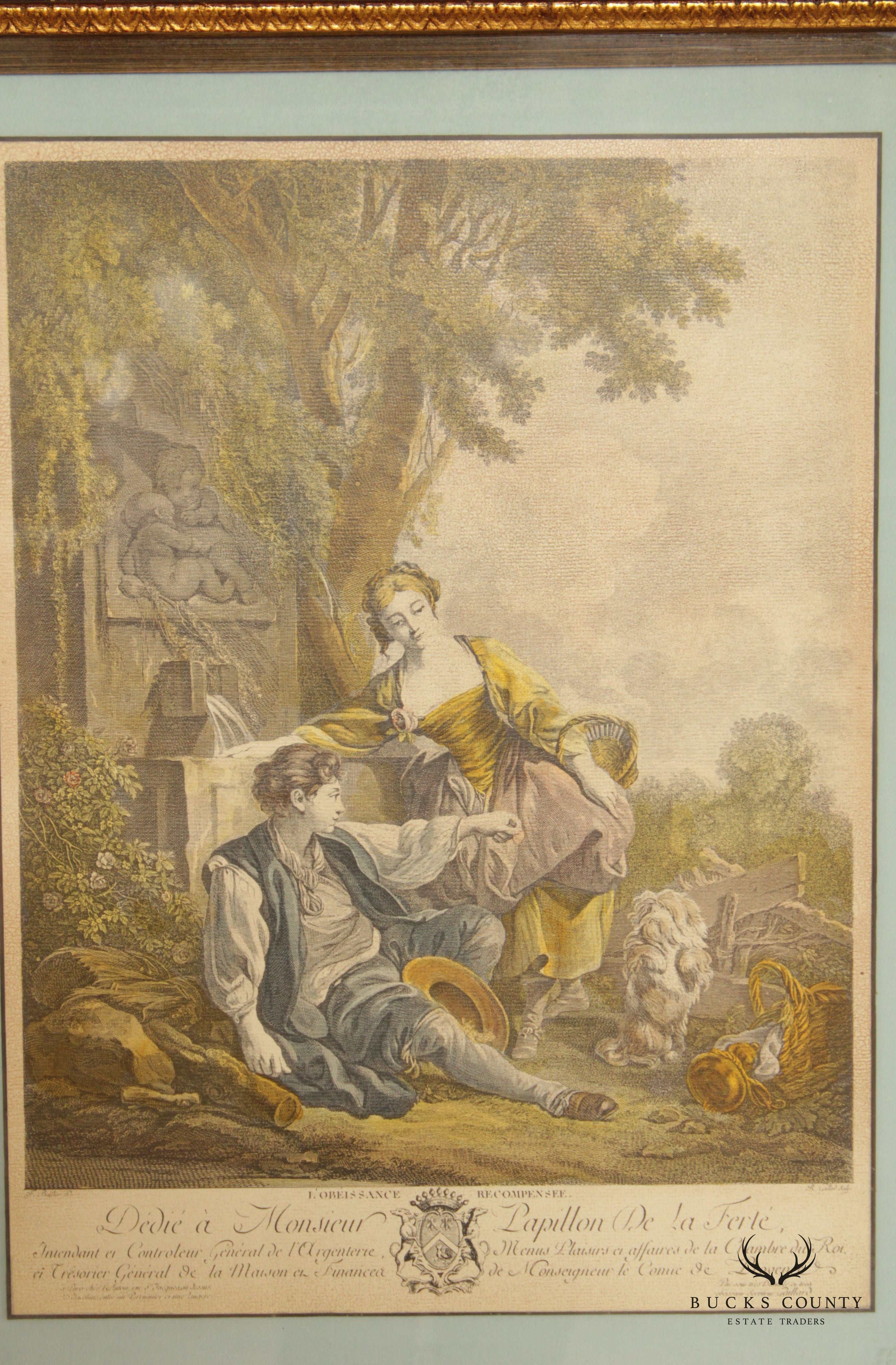 Antique 18th C. French 'L' Obeissance Recompensee' Hand-Colored Engraving, After Francois Boucher