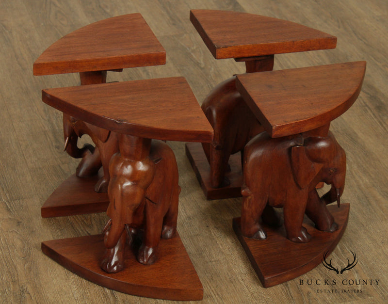 Hand Carved Wood Vintage Set of 4 Elephant Low Pedestals Tables