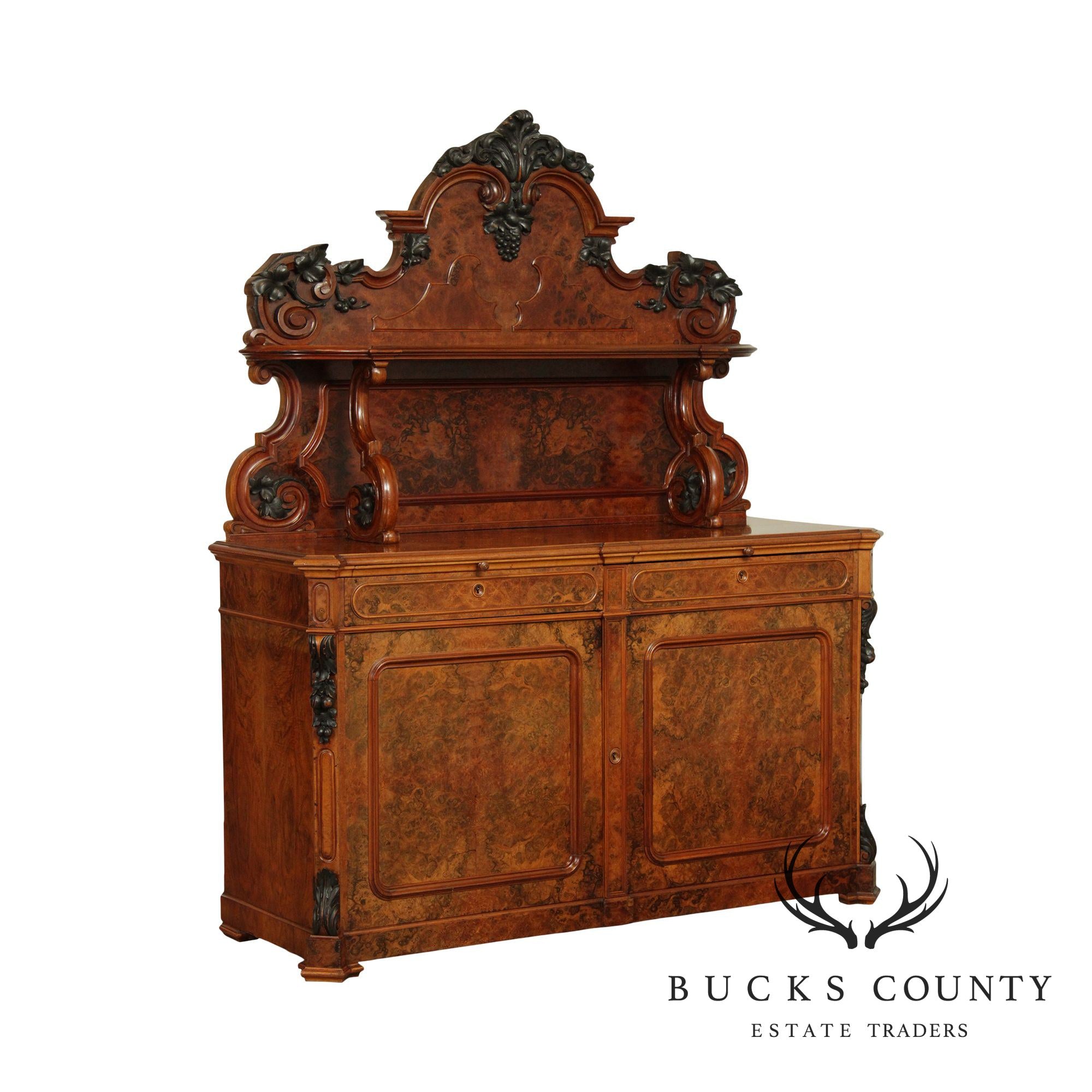 Renaissance Revival Antique Burlwood Grape Carved Sideboard