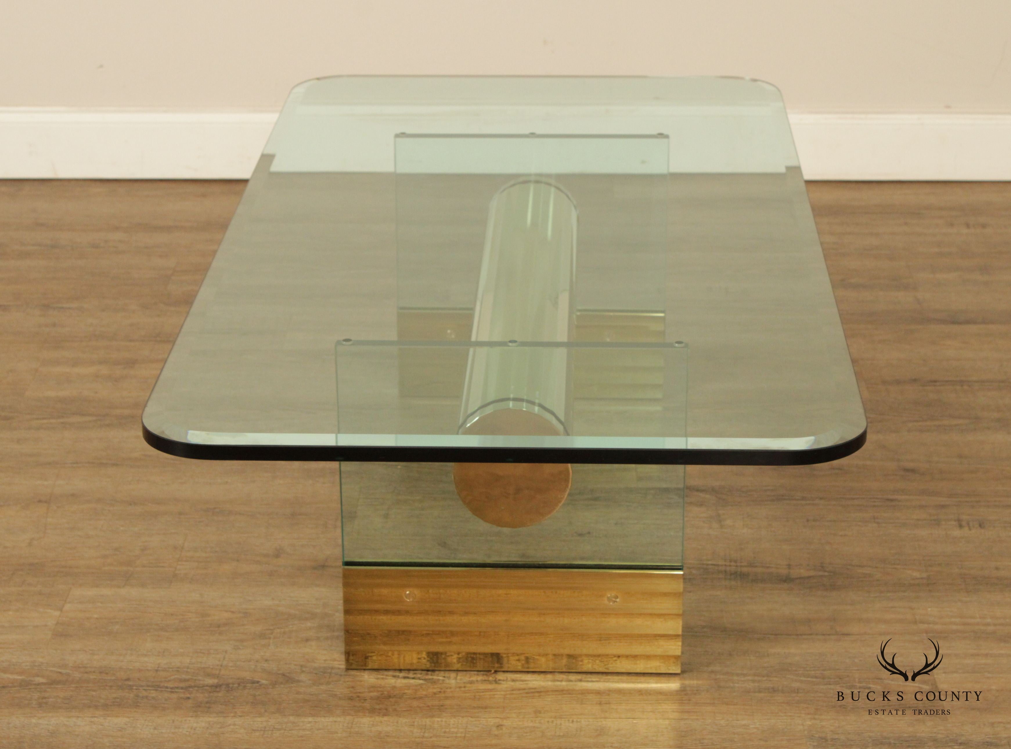 Postmodern Sculptural Glass and Brass Coffee Long Table