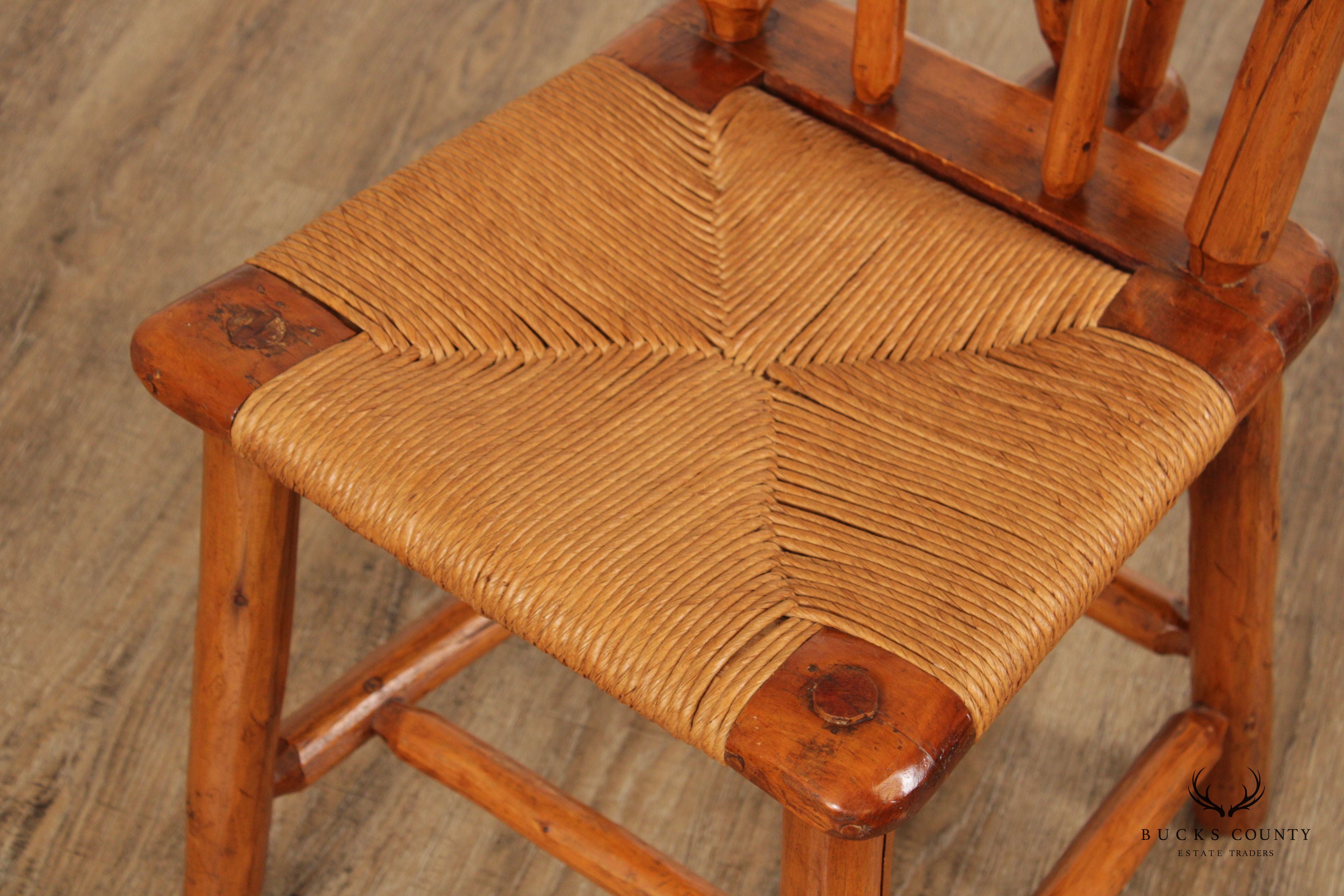 Vintage Rustic Pine Wood and Rush Seat Side Chairs