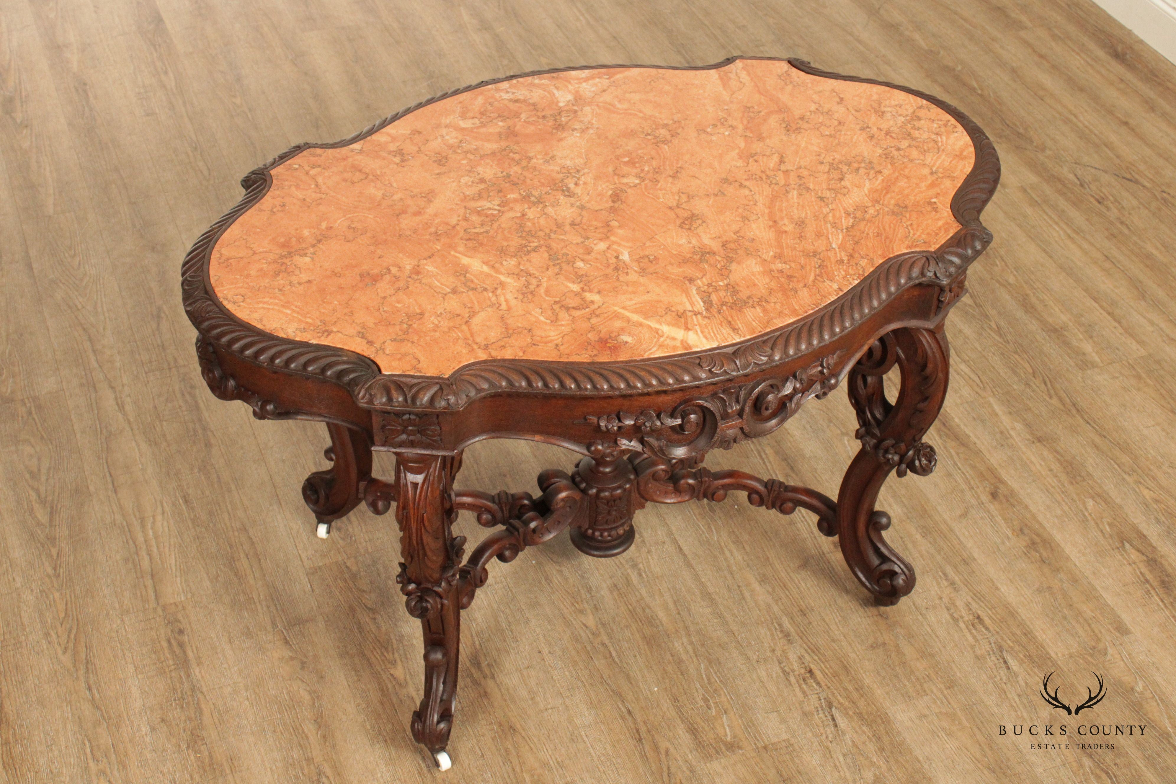 Antique Renaissance Revival Carved Mahogany Marble Turtle Top Center Table