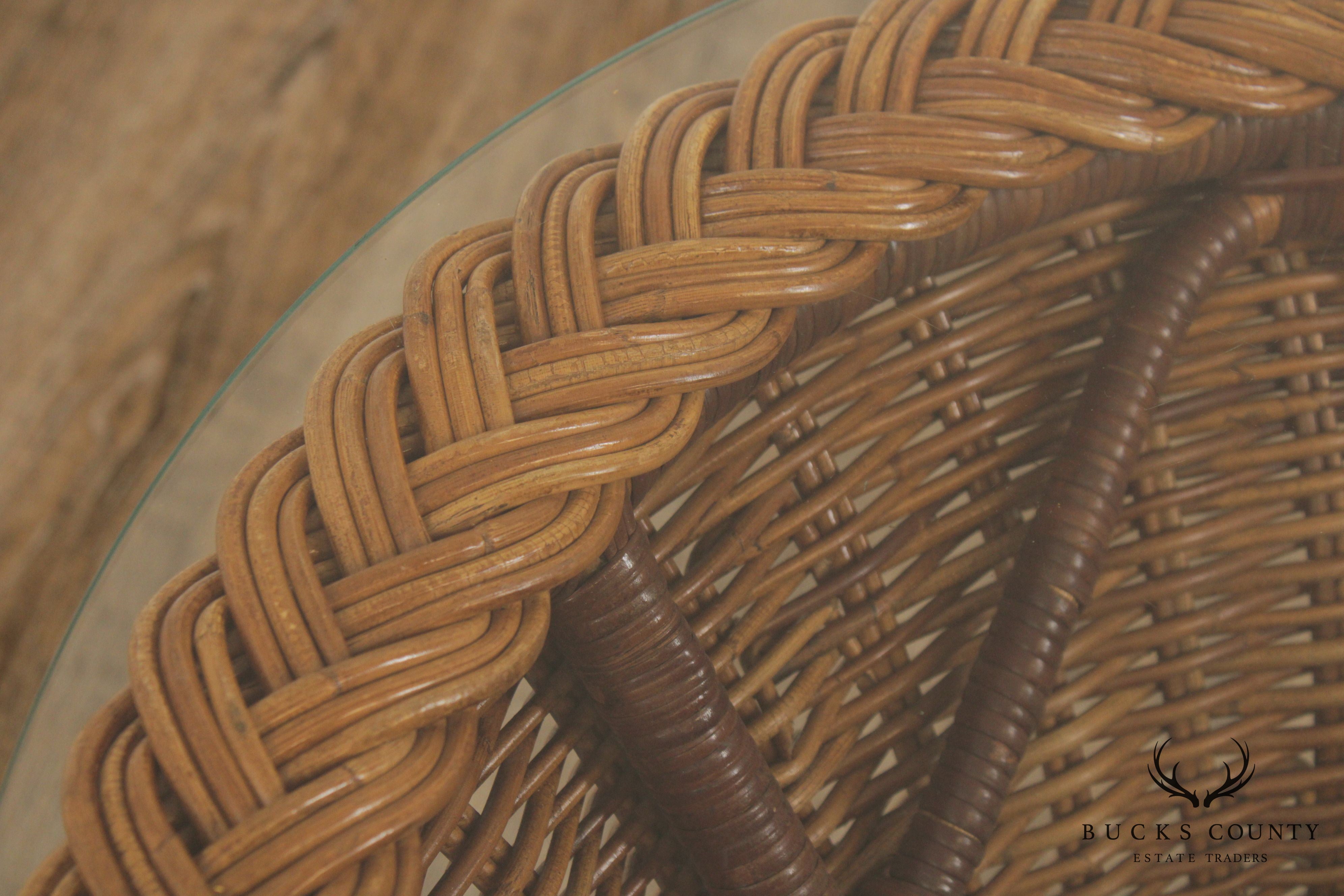 Midcentury Round Glass Top Wicker Side Table