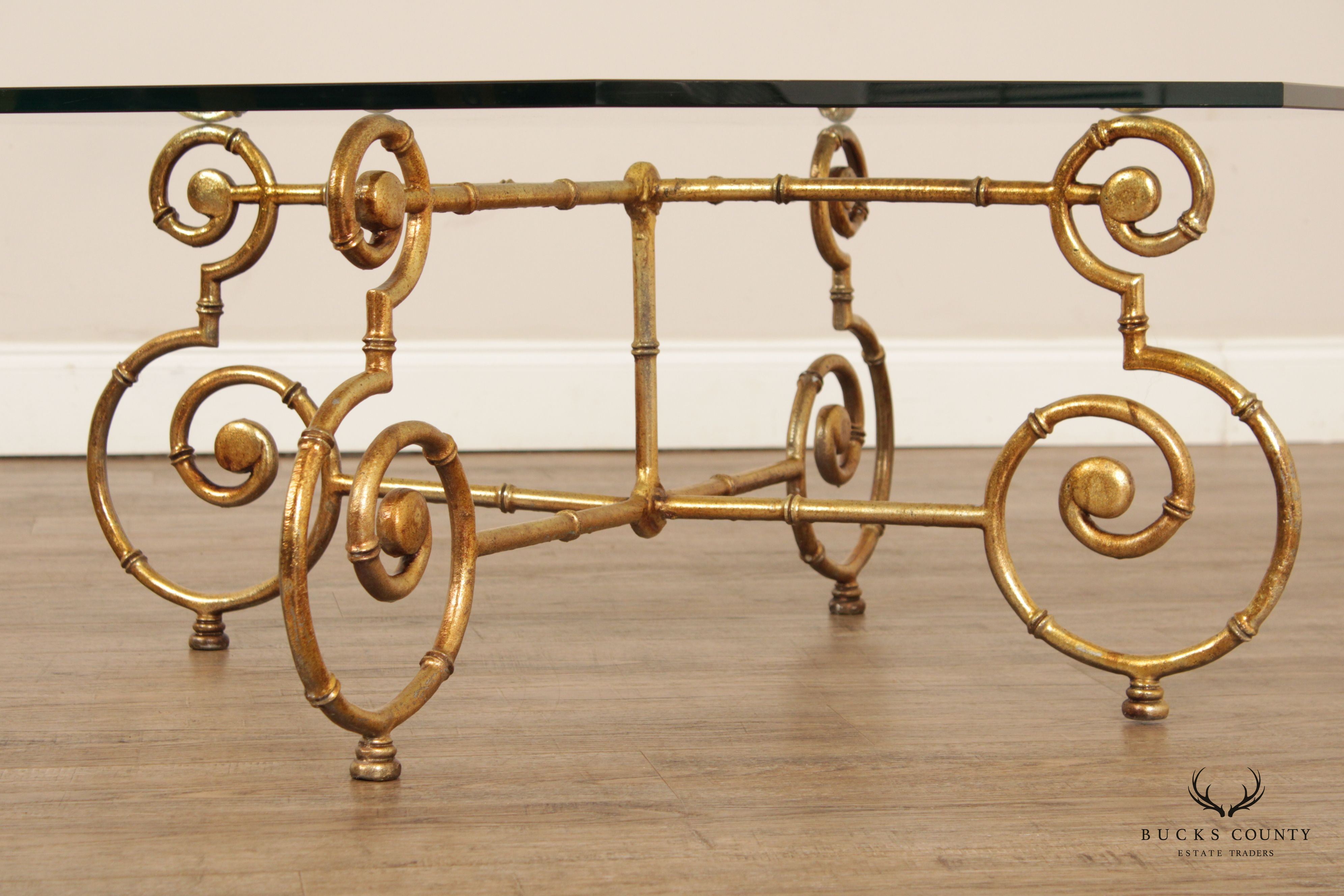 Hollywood Regency Faux Bamboo Gilt Metal Glass Top Coffee Table