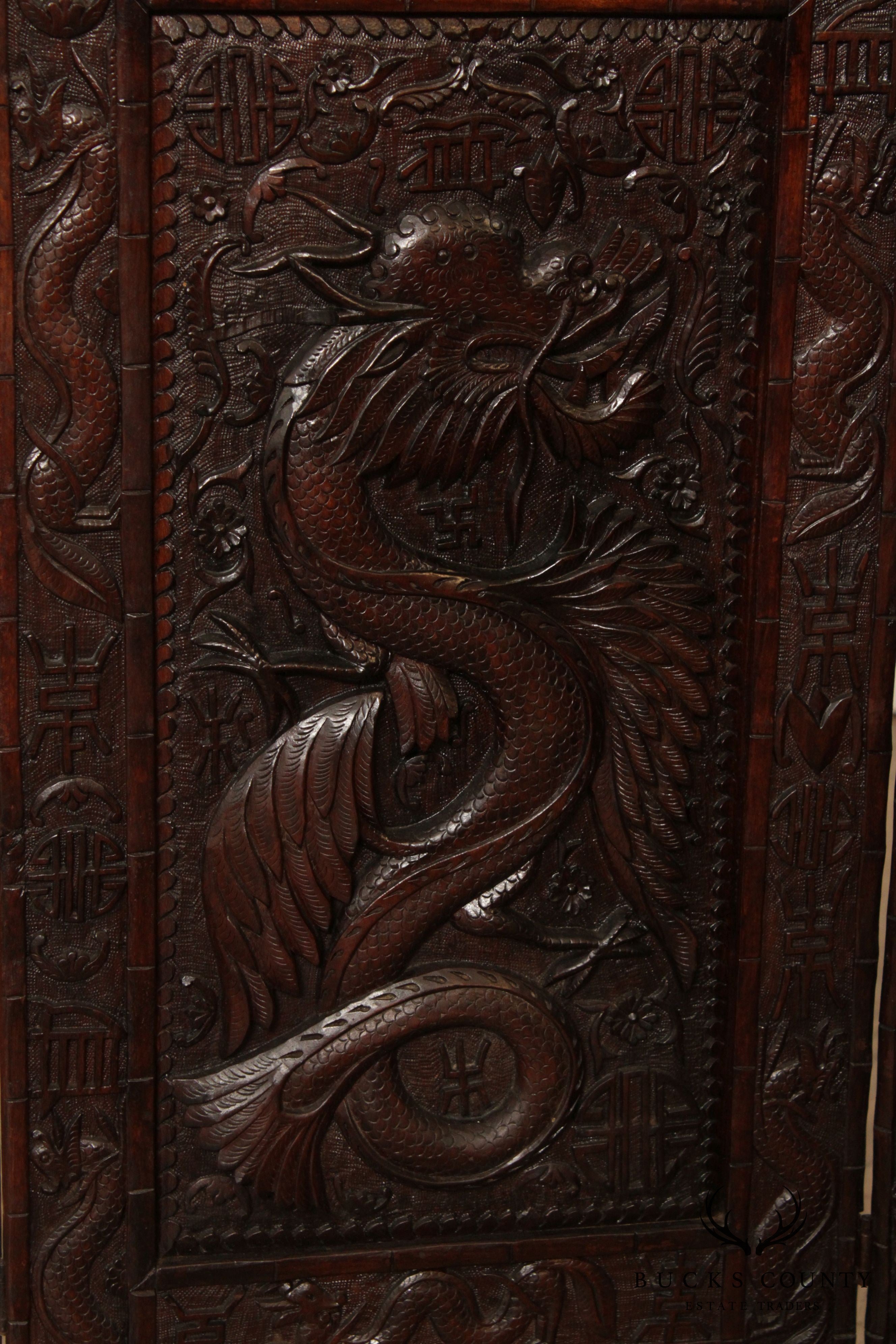 Antique Chinese Dragon 3 Panel Fire Screen