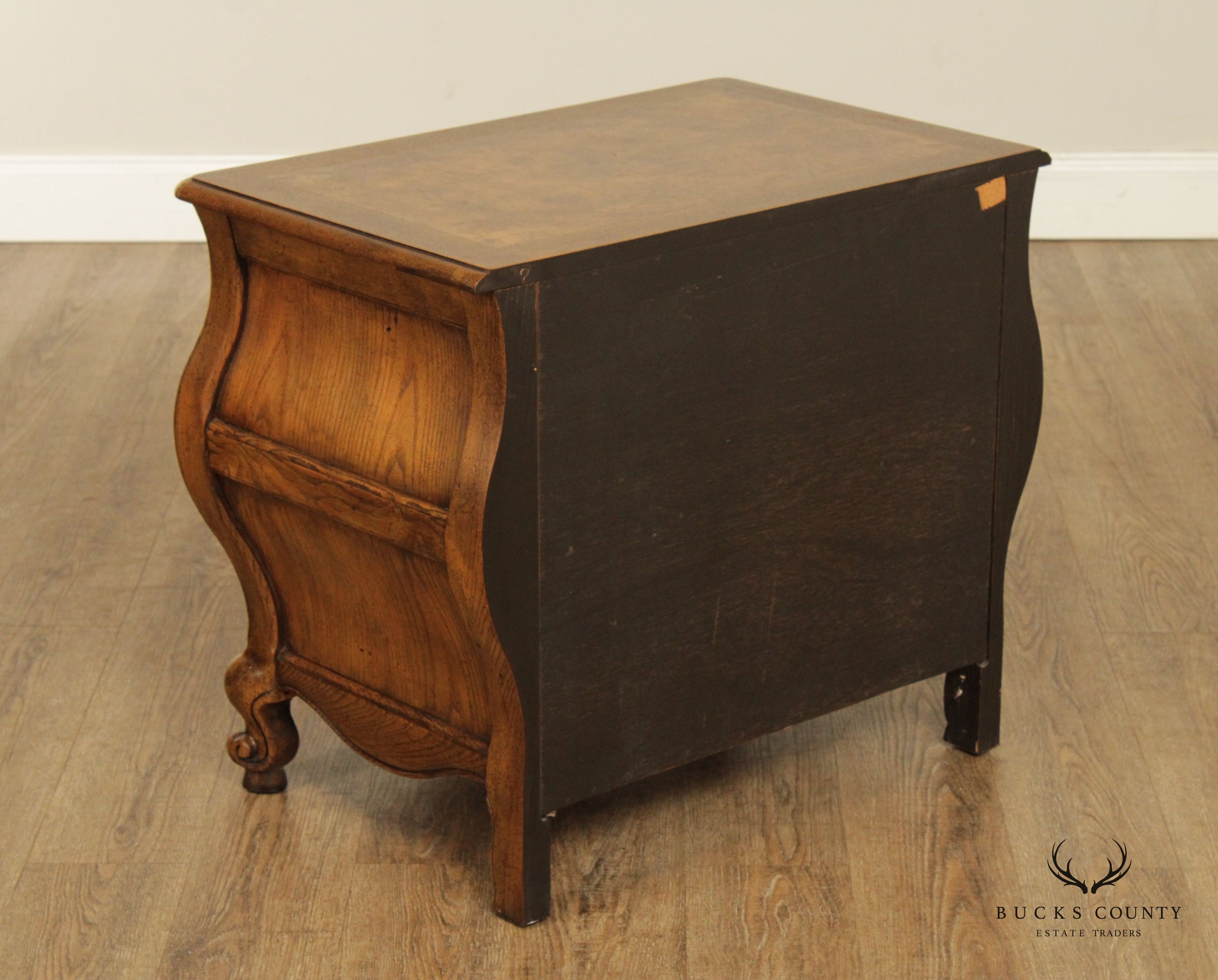 Baker French Louis XV Style Oak and Burlwood Bombe Chest Nightstand