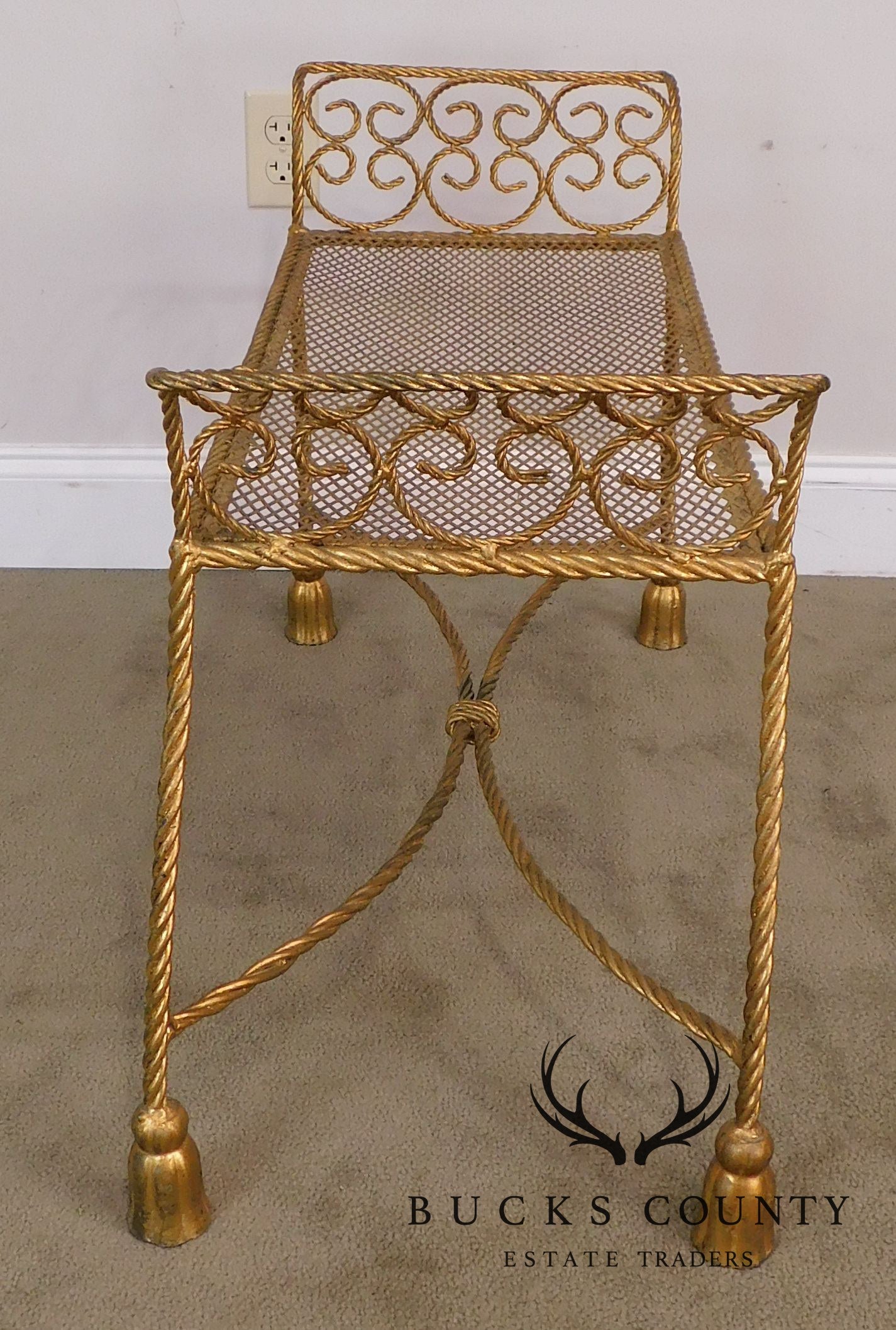 Hollywood Regency Vintage 1960's Italian Gilt Metal Pair Rope & Tassel Benches