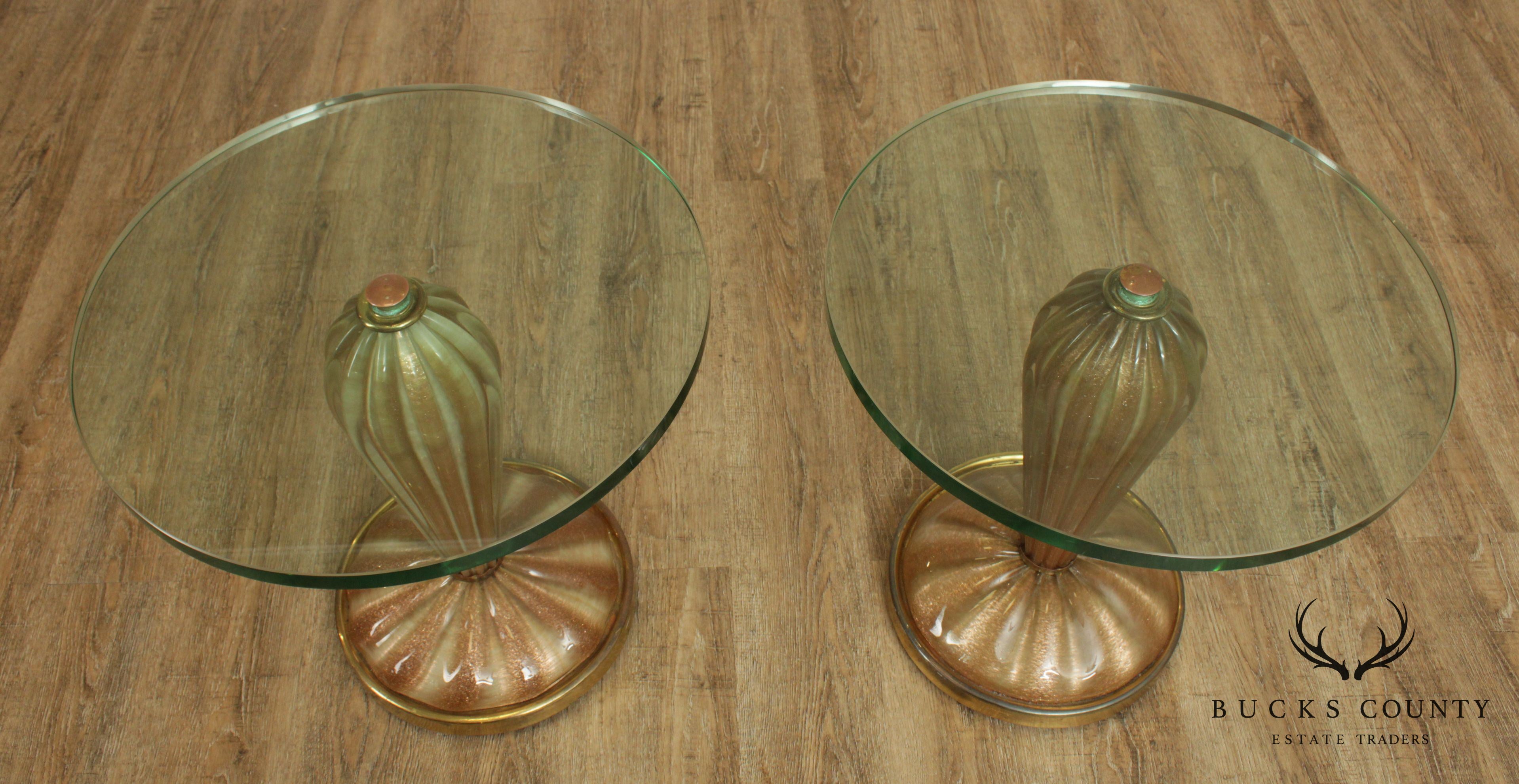 Exceptional 1950's Italian Metallic Art Glass Pair Pedestals, Side Tables