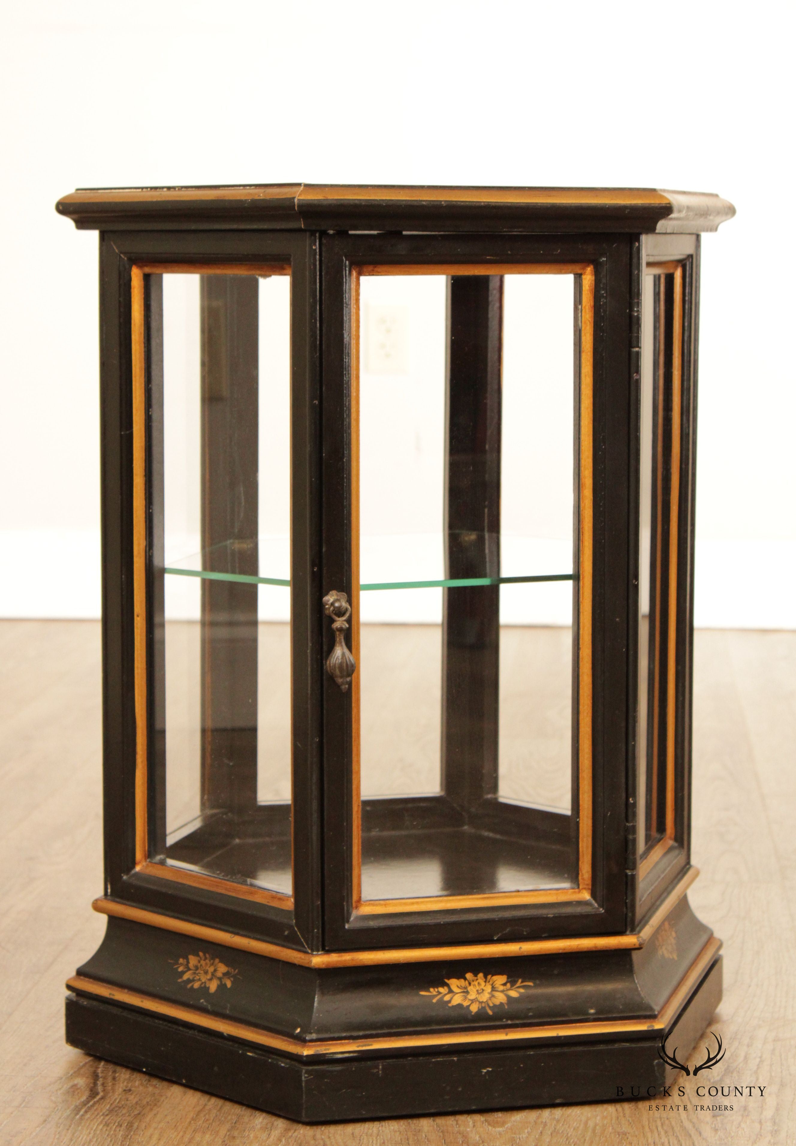 Chinoiserie Decorated Black and Gold Vitrine Side Table