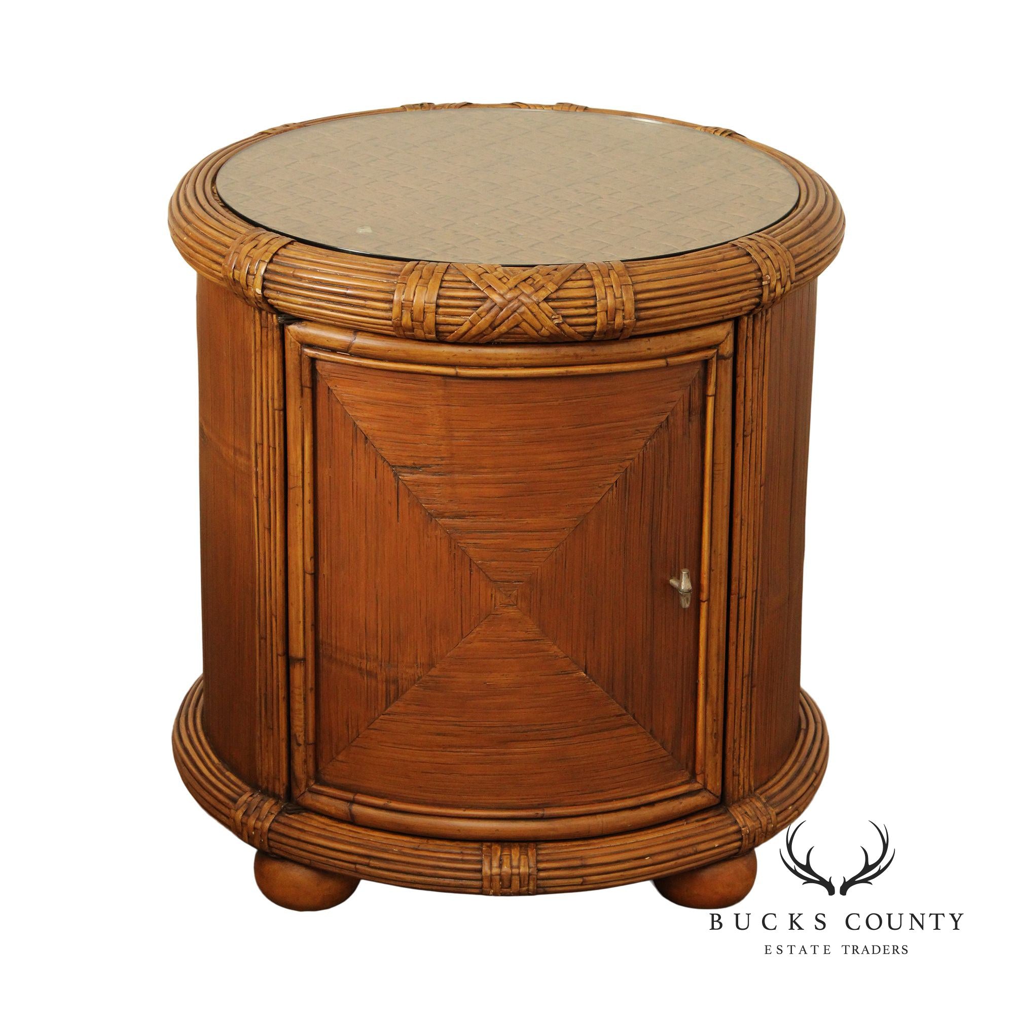 Bamboo and Rattan Circular Glass Top Drum Style Side Table