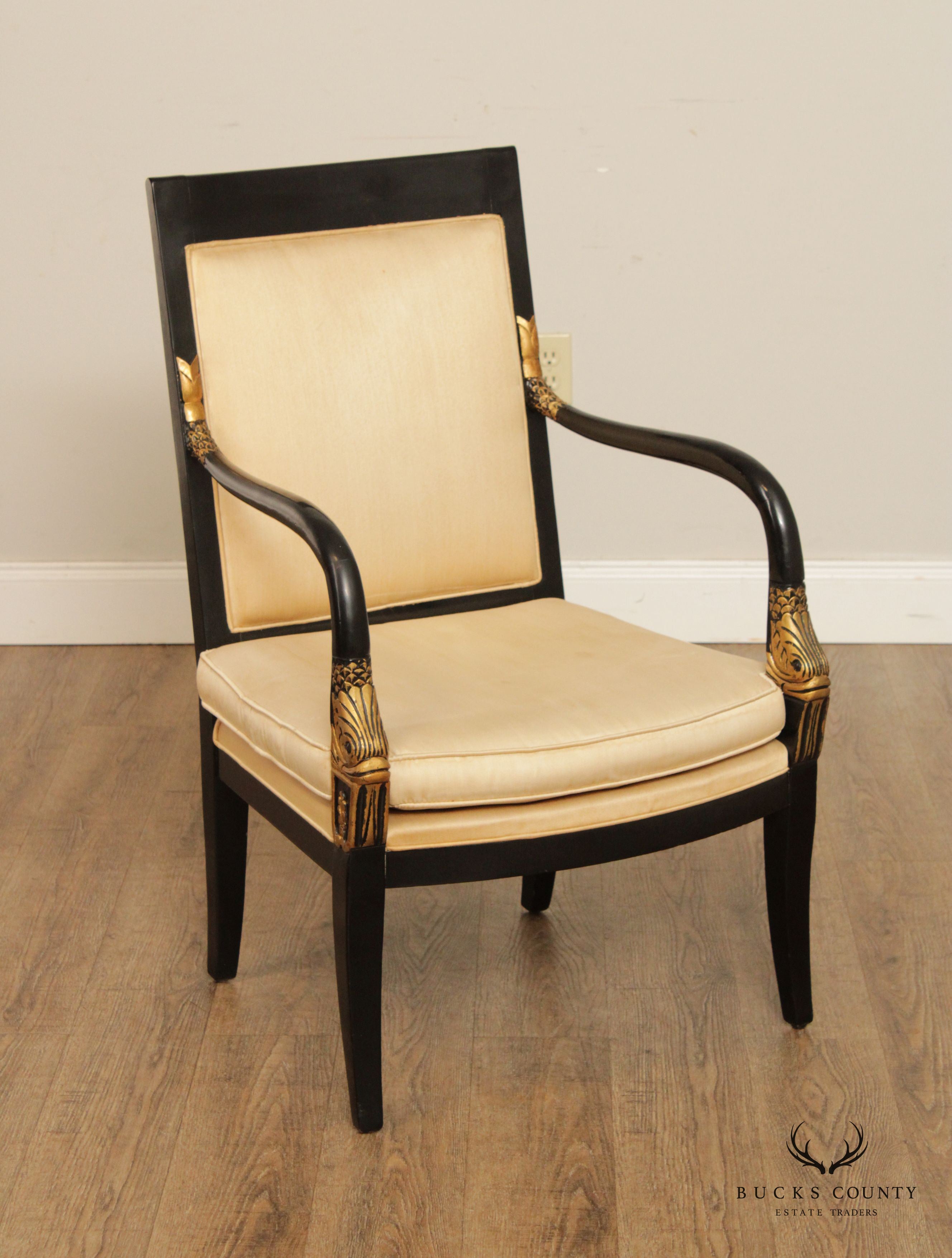 French Empire Style Pair of Ebonized Partial Gilt Dolphin Carved Armchairs