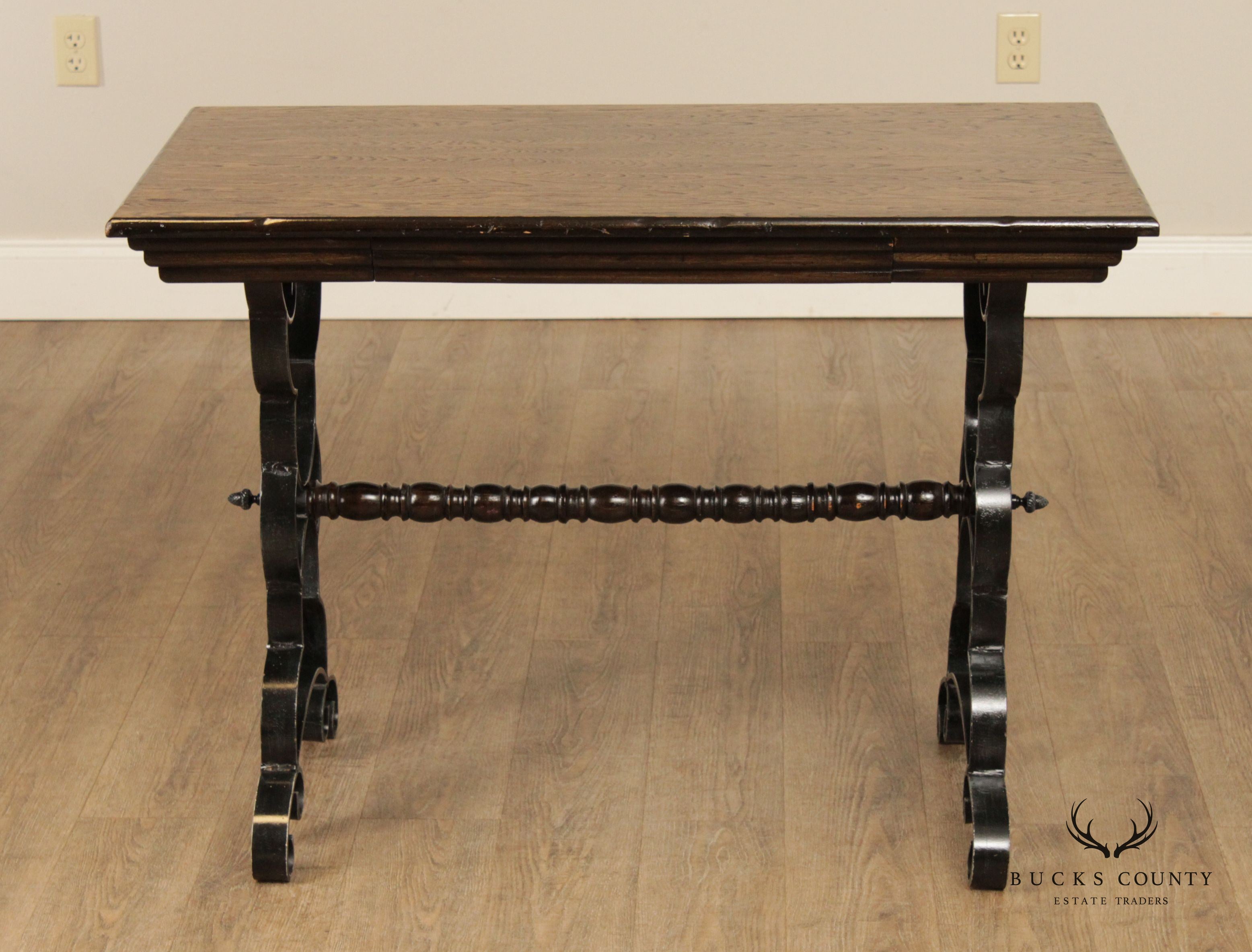 Spanish Revival Vintage Wrought Iron & Oak Trestle Table