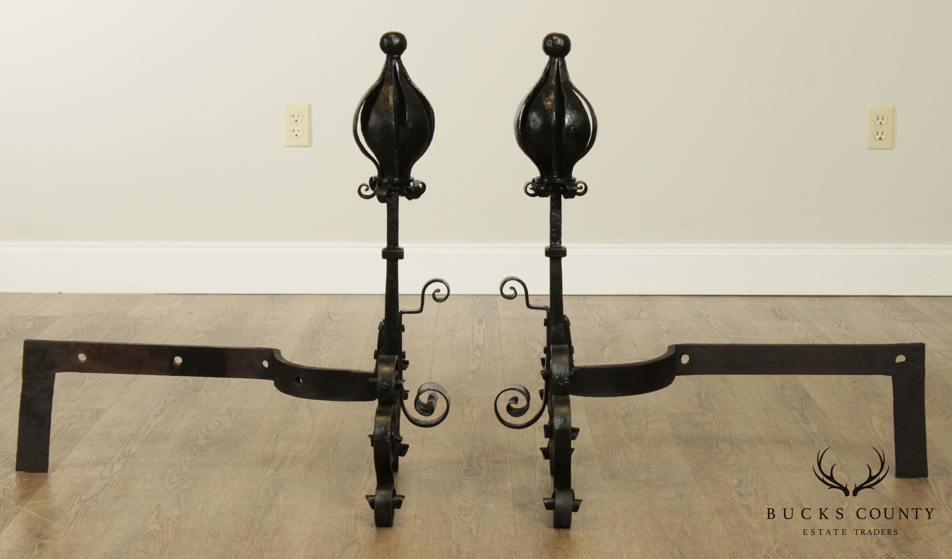 Quality Hand Forged Pair Arts and Crafts Style Andirons