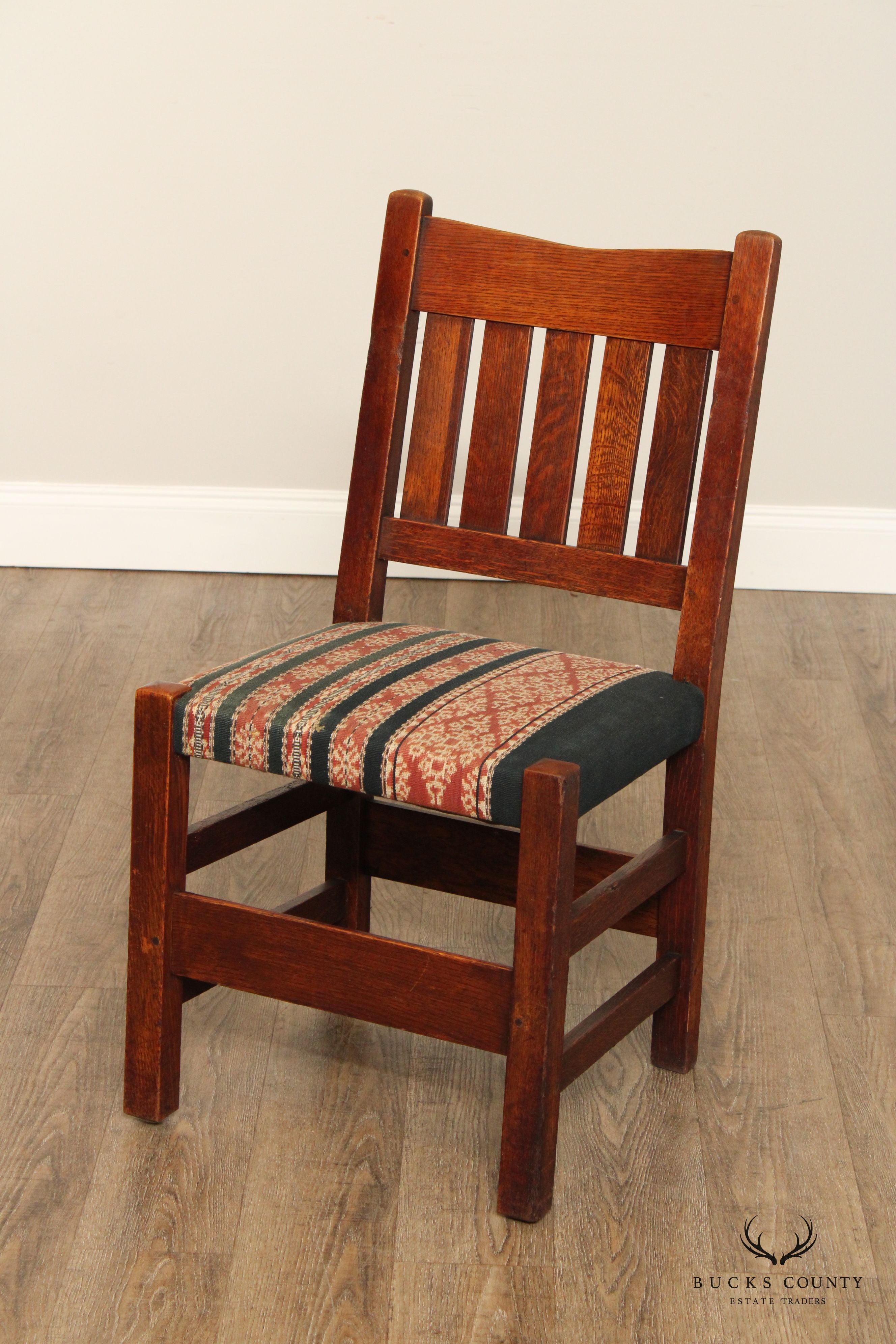 GUSTAV STICKLEY ANTIQUE MISSION PAIR OAK V BACK SIDE CHAIRS