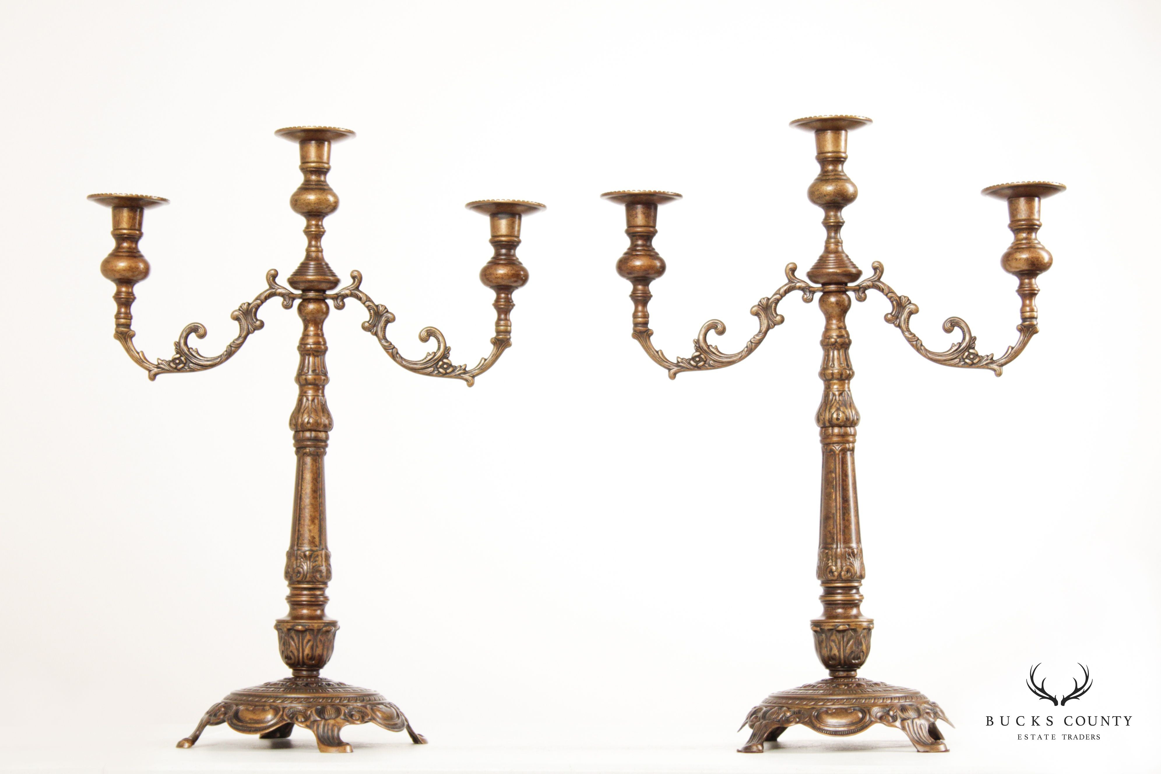 Victorian Style Pair of Bronze Three-Light Candelabra