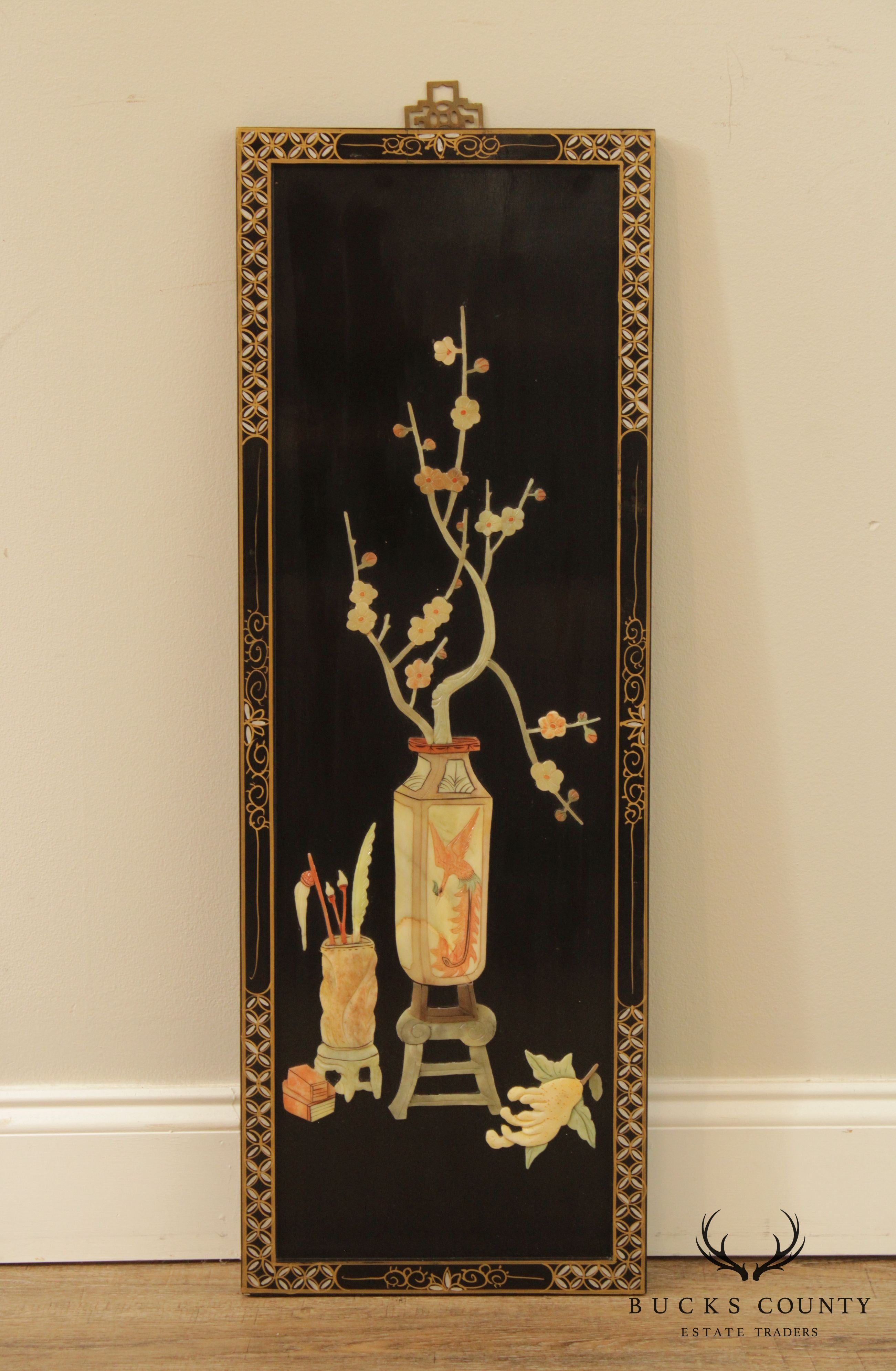 Vintage Chinese Lacquered Carved Soapstone Panels