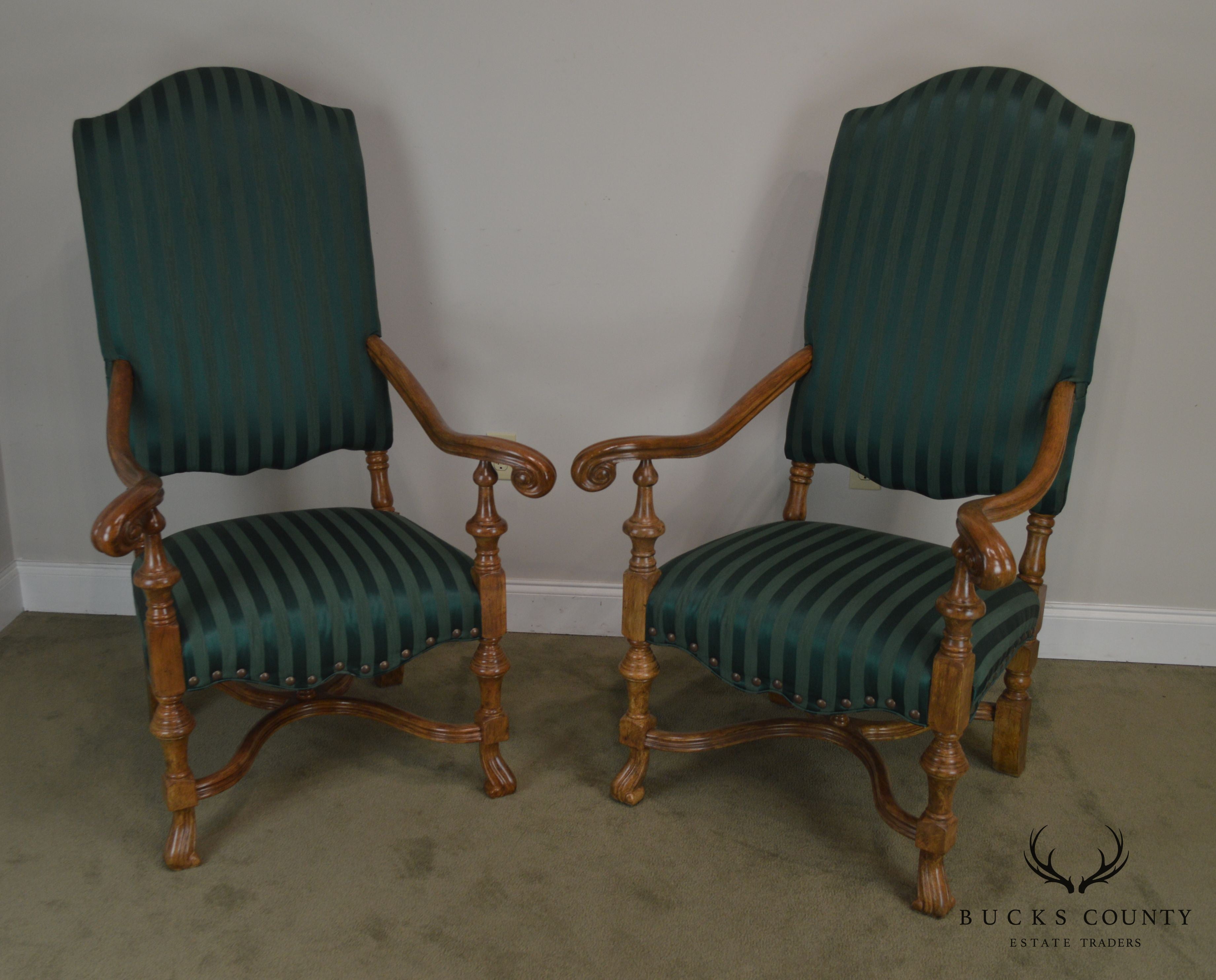 Spanish Baroque Style Custom Quality Pair of Throne Armchairs