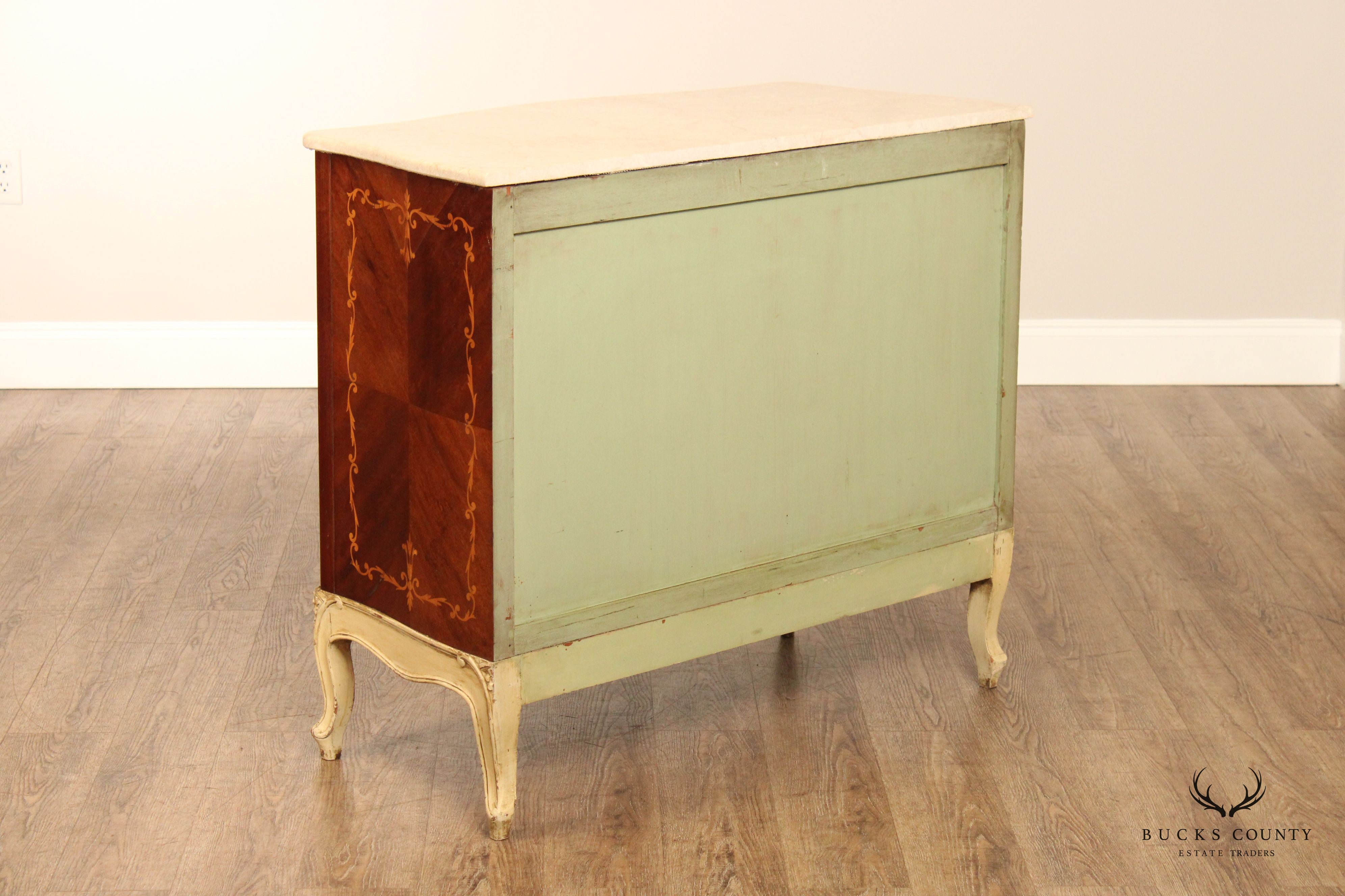 1920's French Marquetry Inlaid Marble Top Chest of Drawers