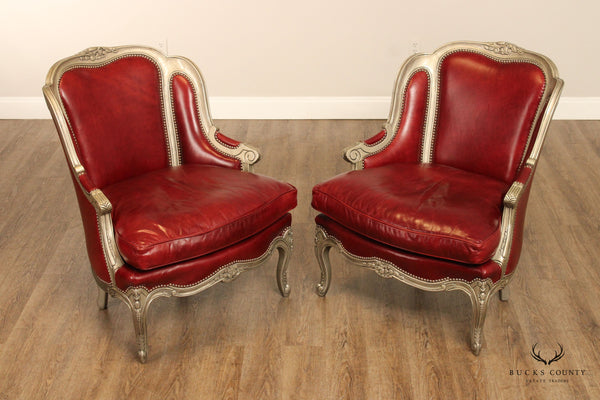 Old Hickory Tannery French Louis XV Style Pair Leather Bergere Chairs