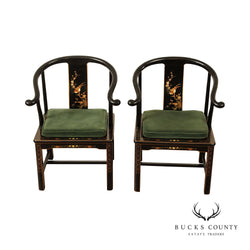 Traditional Chinese Style Pair of Horseshoe Back Armchairs