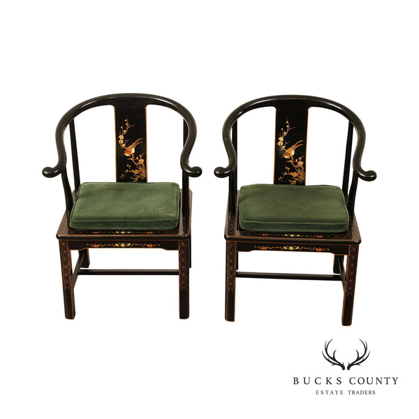 Traditional Chinese Style Pair of Horseshoe Back Armchairs