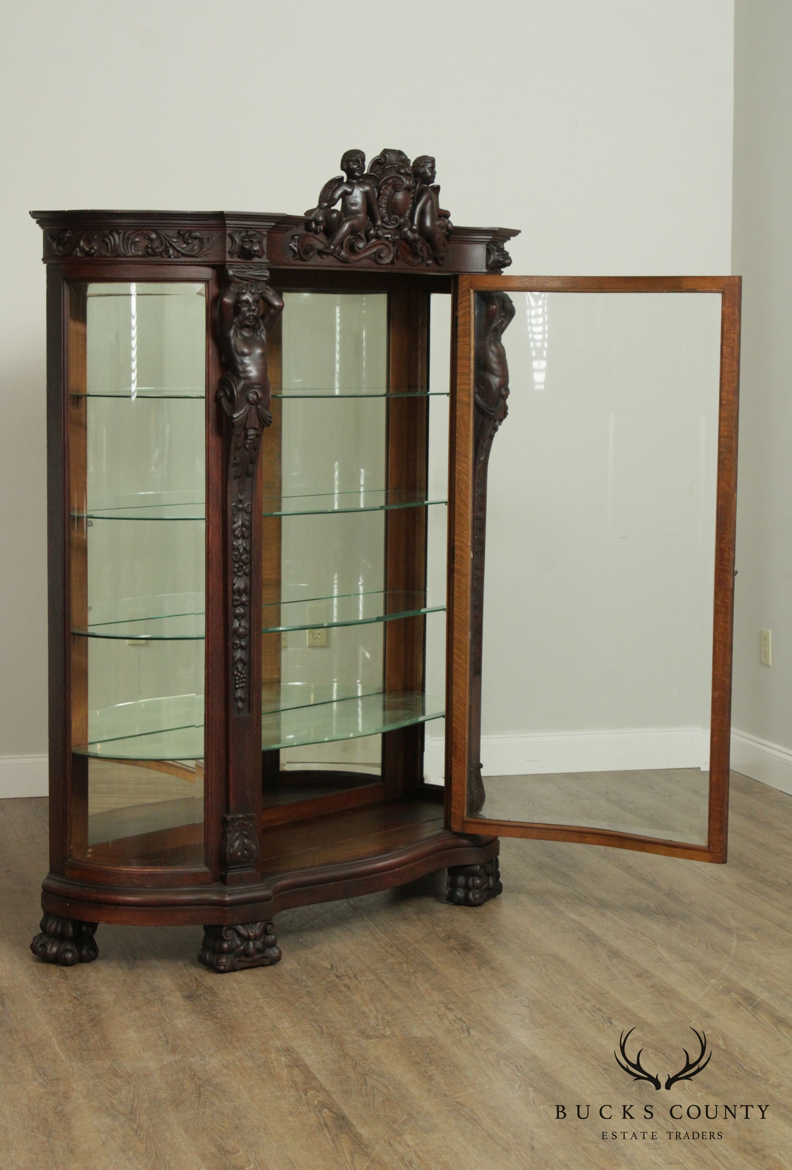 Horner Antique Oak Figural Carved Beveled Glass China Cabinet