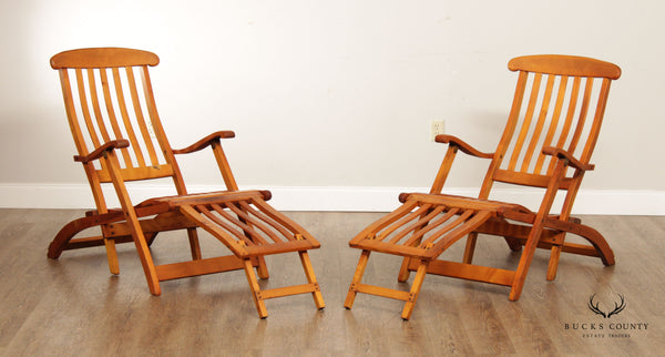 Antique Campaign Style Pair of Maple and Brass Folding Cruise Ship Steamer Lounge Chairs
