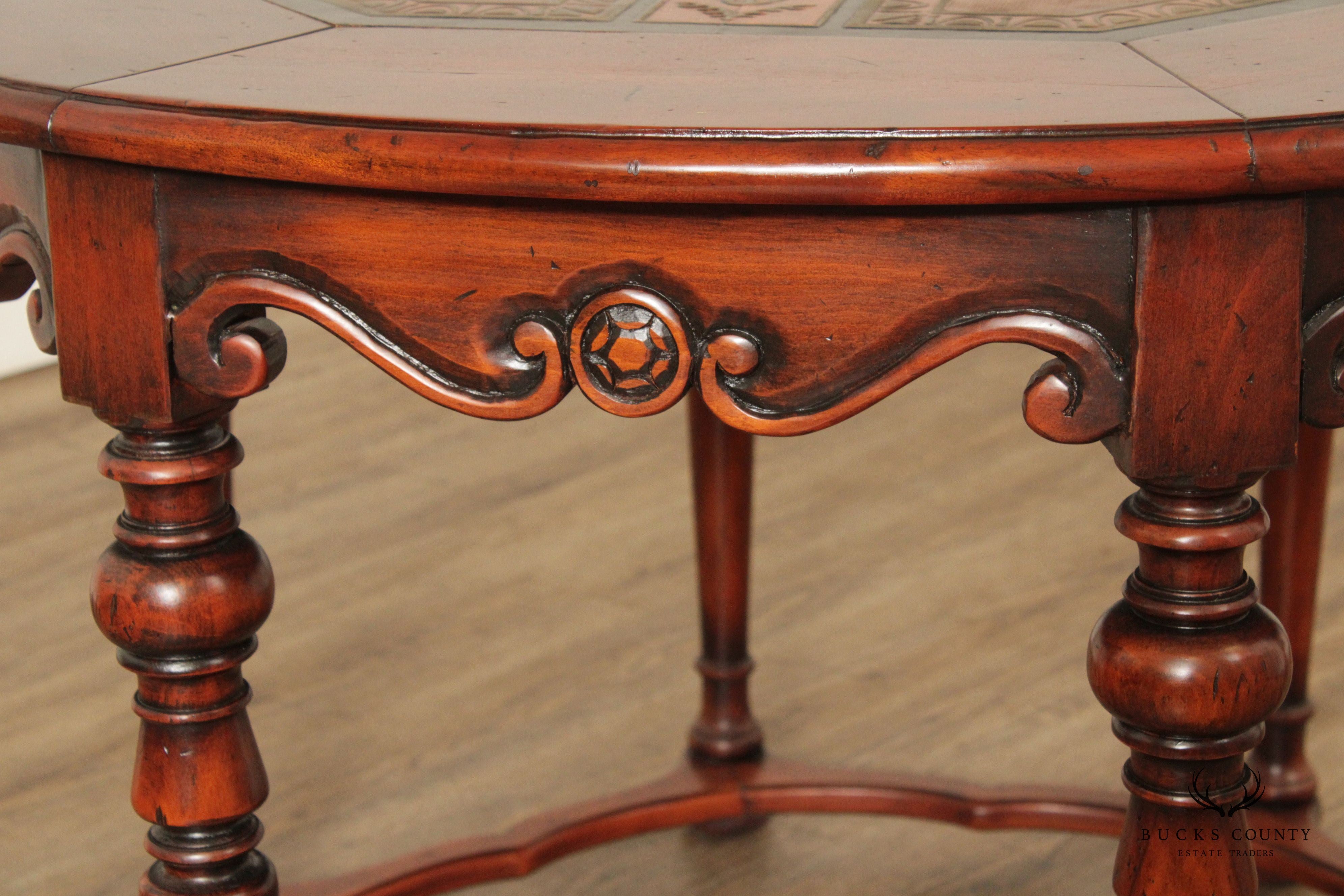 English Style Tooled Leather Round Mahogany Center Table