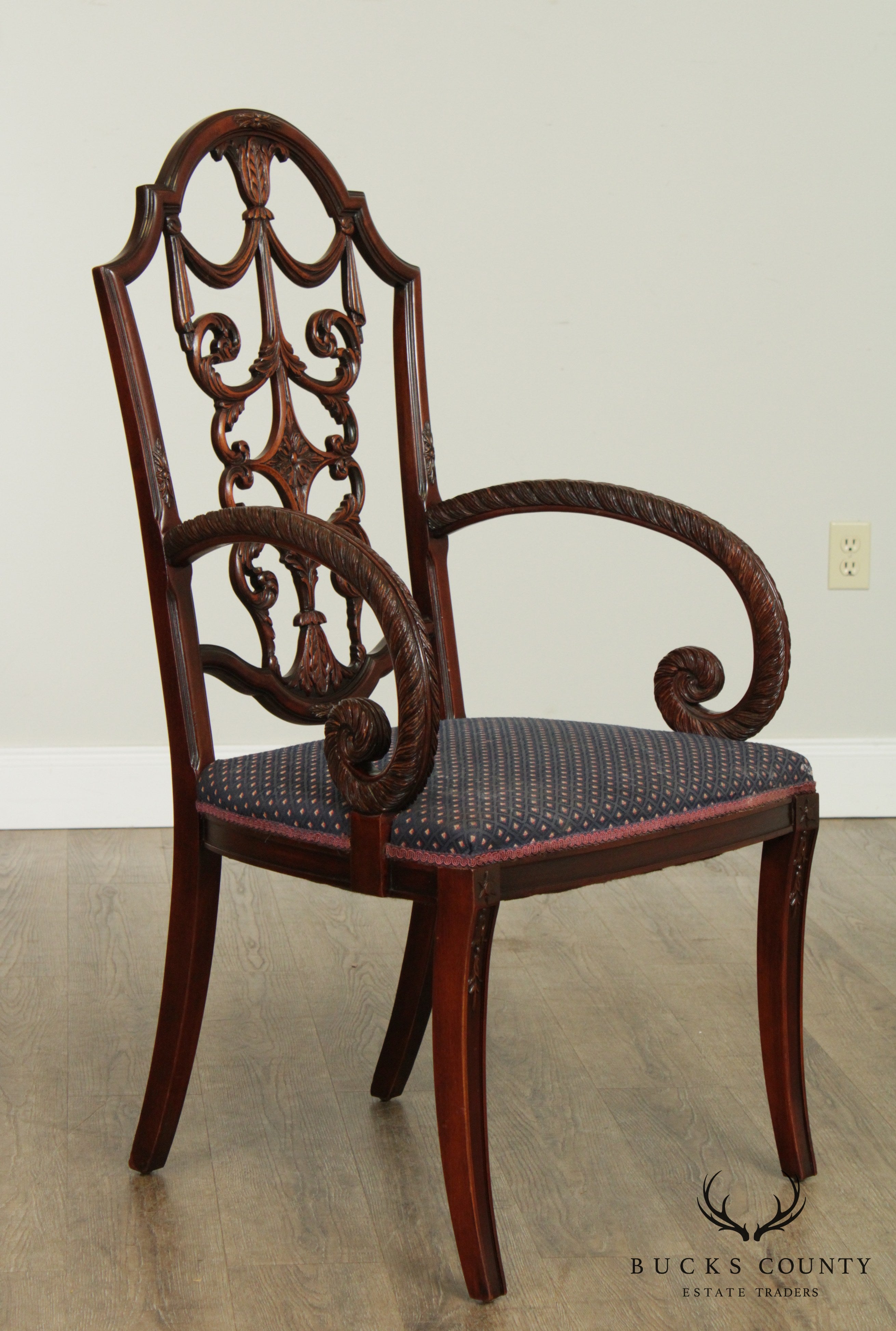 Georgian Style Vintage Carved Mahogany Set 8 Dining Chairs