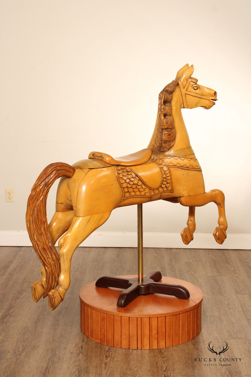 Vintage Wooden Carved Carousel Horse on Stand