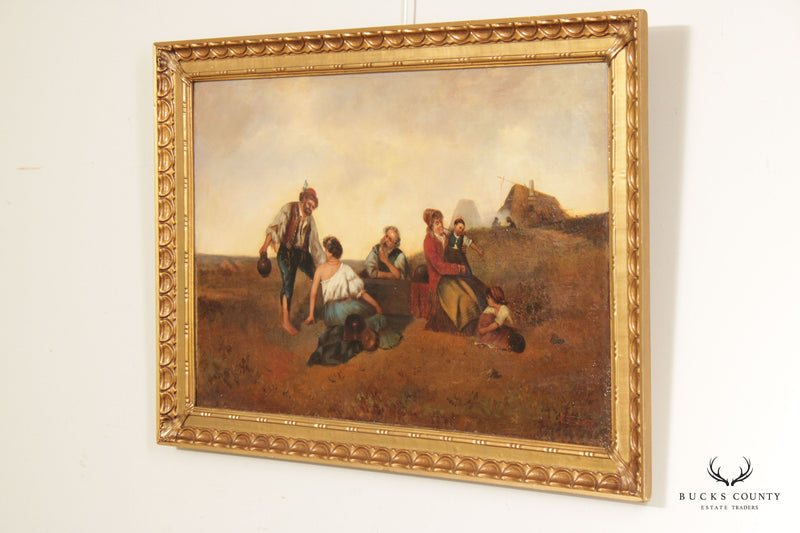 Antique 19th C. Hungarian Countryside Festive Scene Oil on Canvas, After Ferencz Szabo