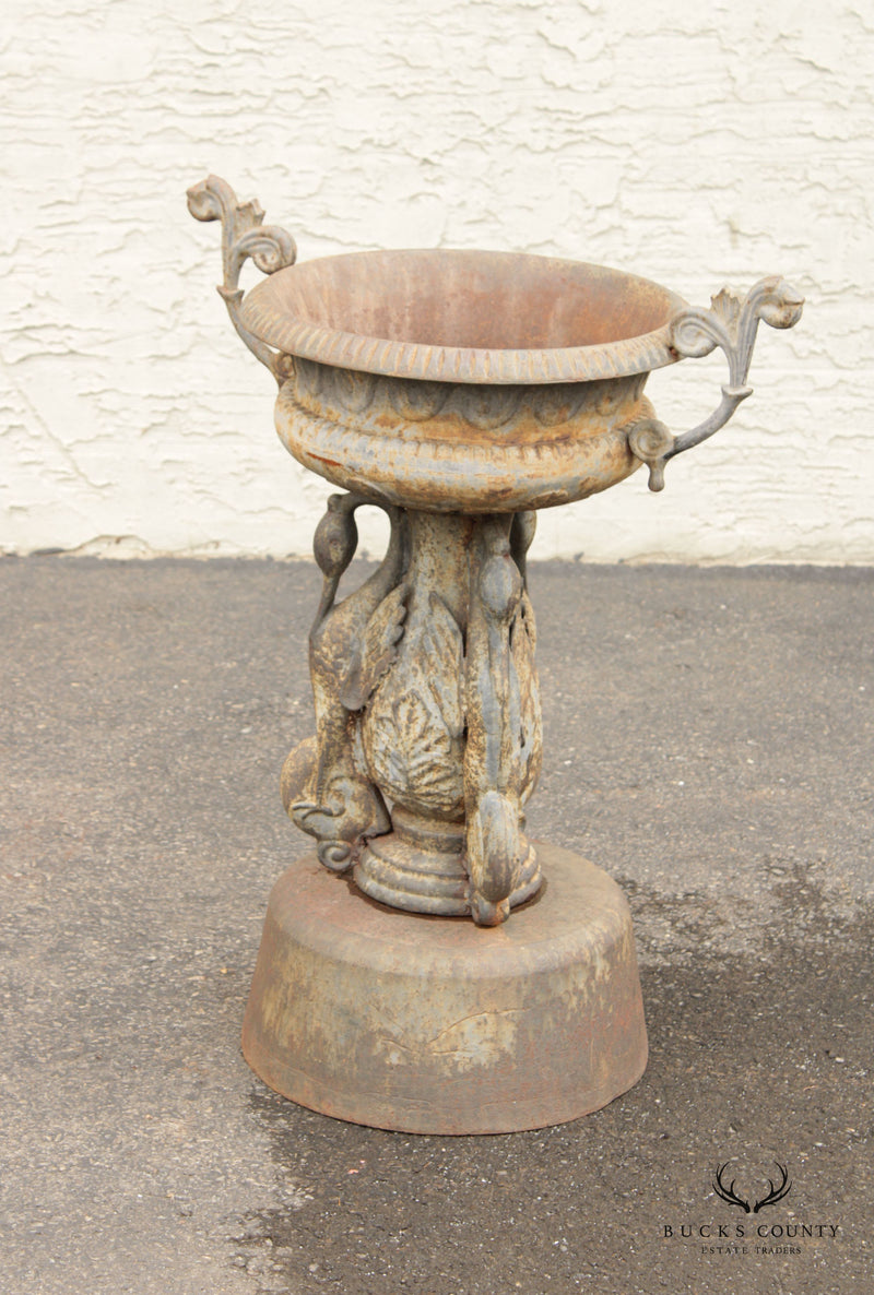 Vintage Pair Of Swan Cast Iron Garden Urns
