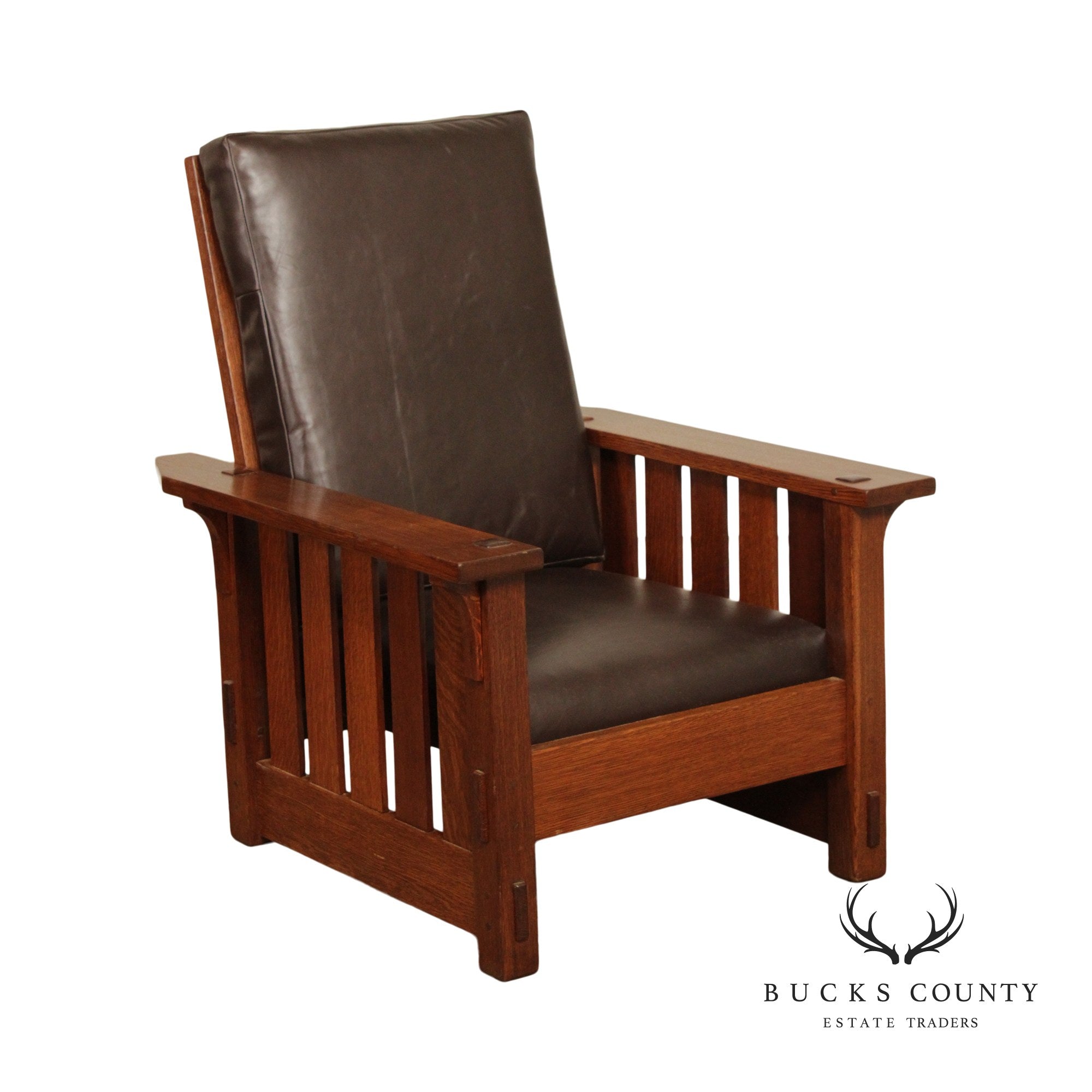 Gustav Stickley Antique Mission Oak and Leather Reclining Morris Chair