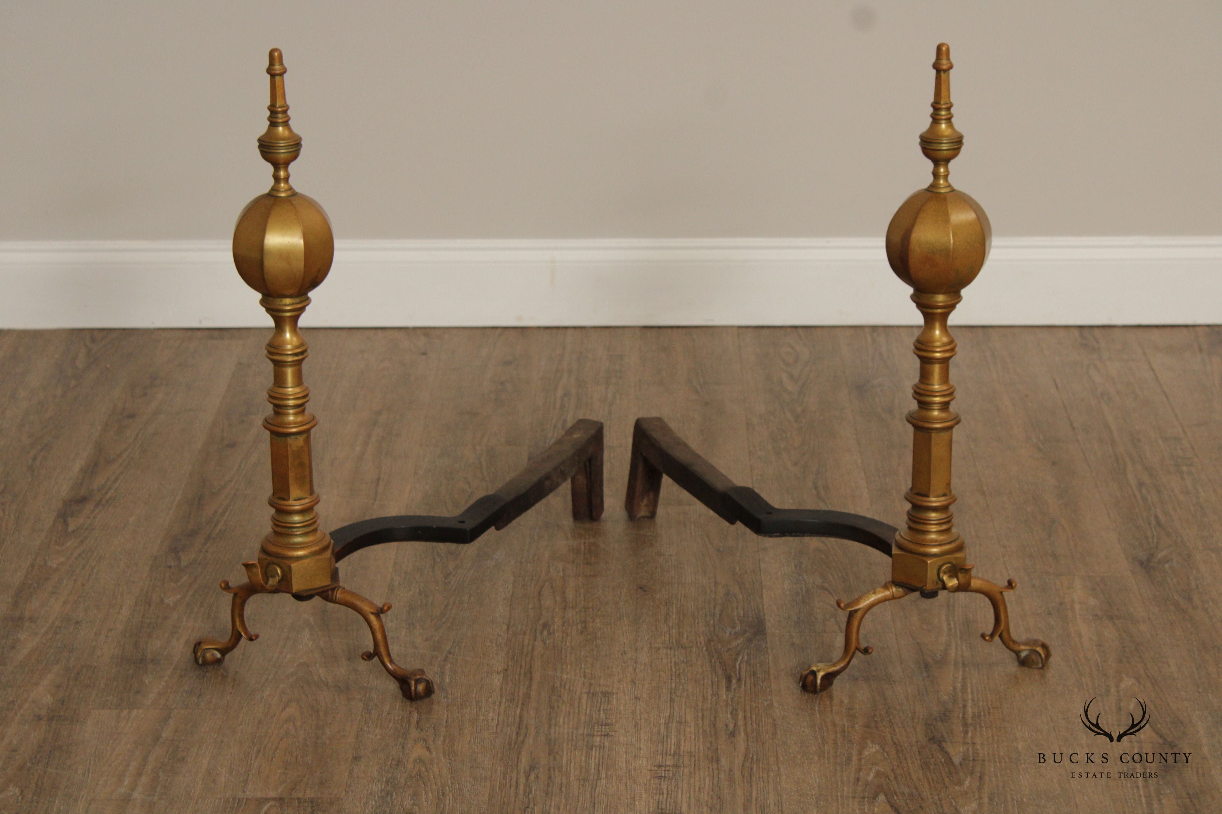 FEDERAL STYLE PAIR OF BRASS ANDIRONS AND POKER