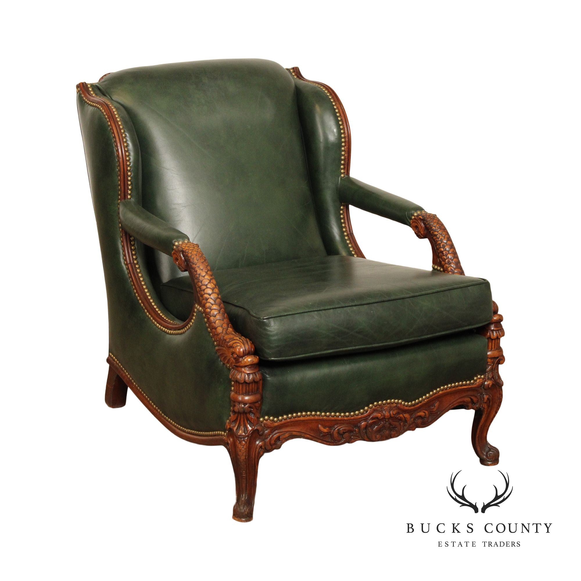 1930's French Regency Style Carved Mahogany and Leather Lounge Chair