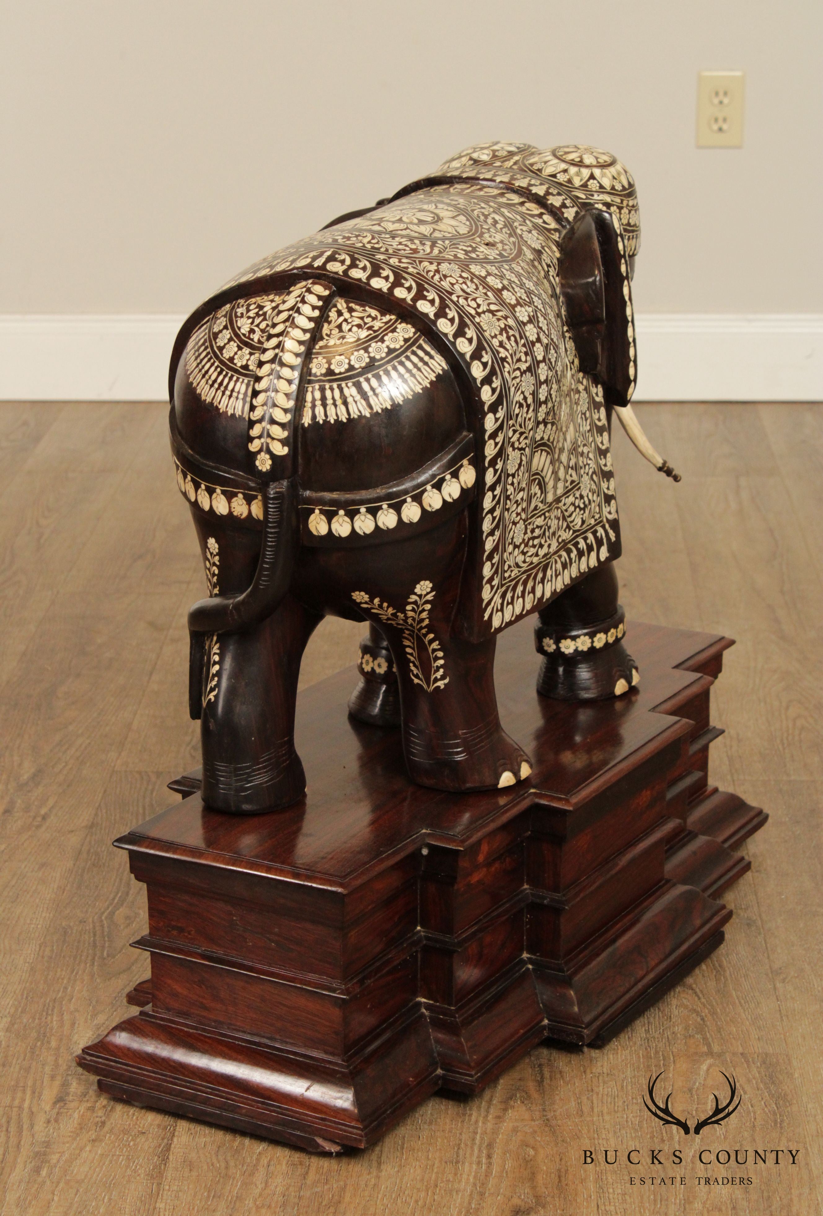 Antique Large Indian Carved Rosewood Bone Inlaid Elephant Statue on Base