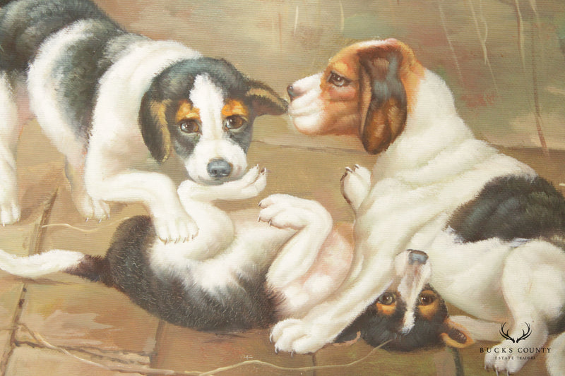 Late 20th Century Portrait Foxhound Dogs Original Oil Painting, Custom Framed