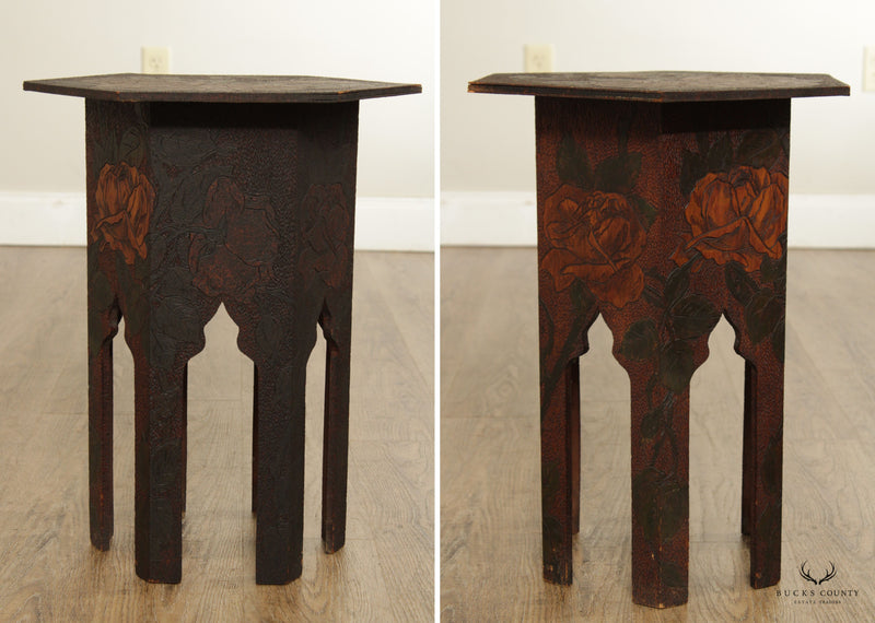 Antique Arts & Crafts Style Floral Pyrography Side Table