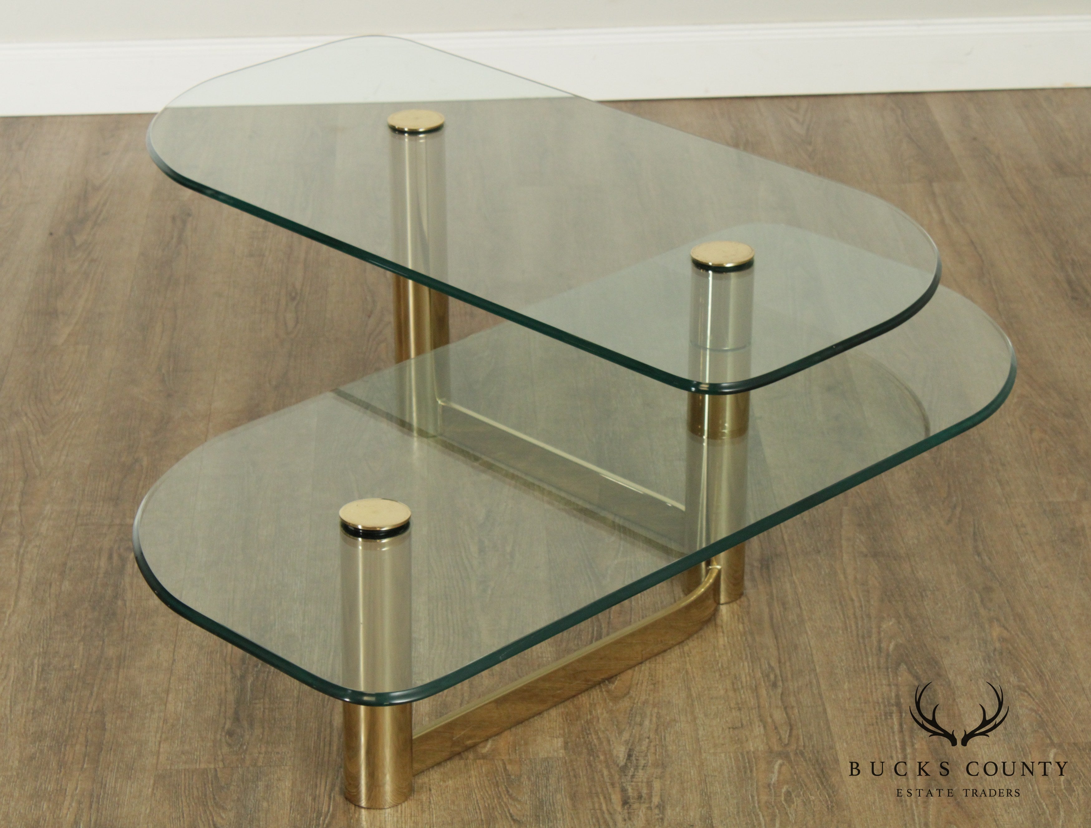 Postmodern 1970's Vintage Brass & Glass 2 Tier L Shape Coffee Table