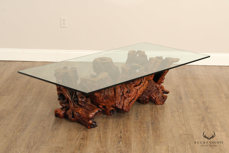 VINTAGE ROOT WOOD BASE GLASS TOP COFFEE TABLE