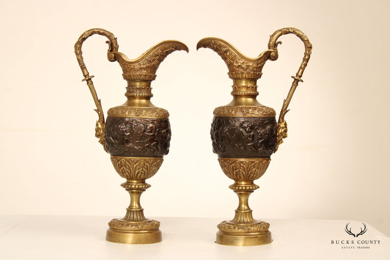 Quality French Pair of Antique Bronze Ewers with Bacchanalian Scenes