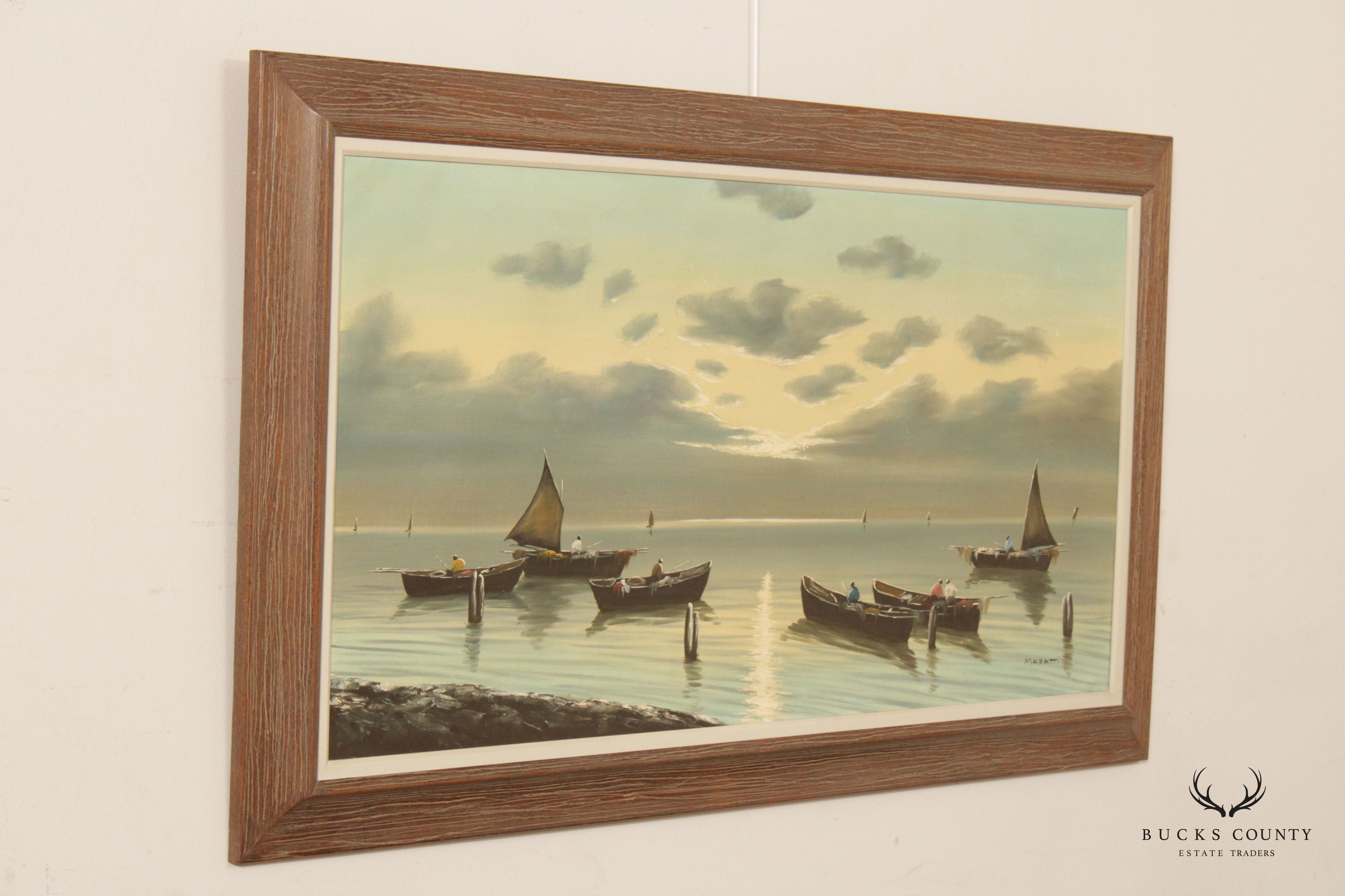 Vintage 20th C. Fisherman Sailboats Seascape Original Painting, by Giovanni Maratti