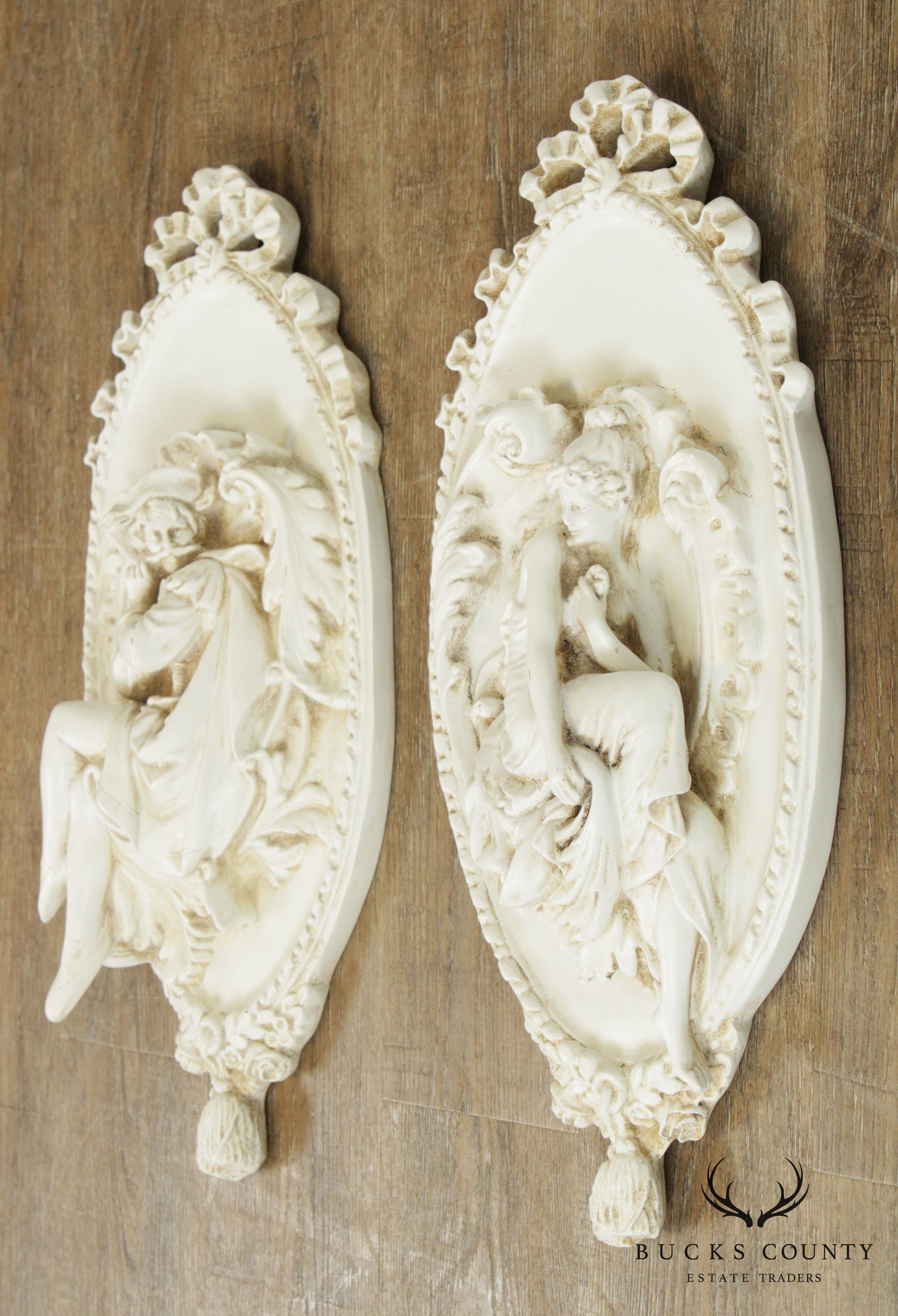 Renaissance Style Carved White Painted Pair Wall Plaques