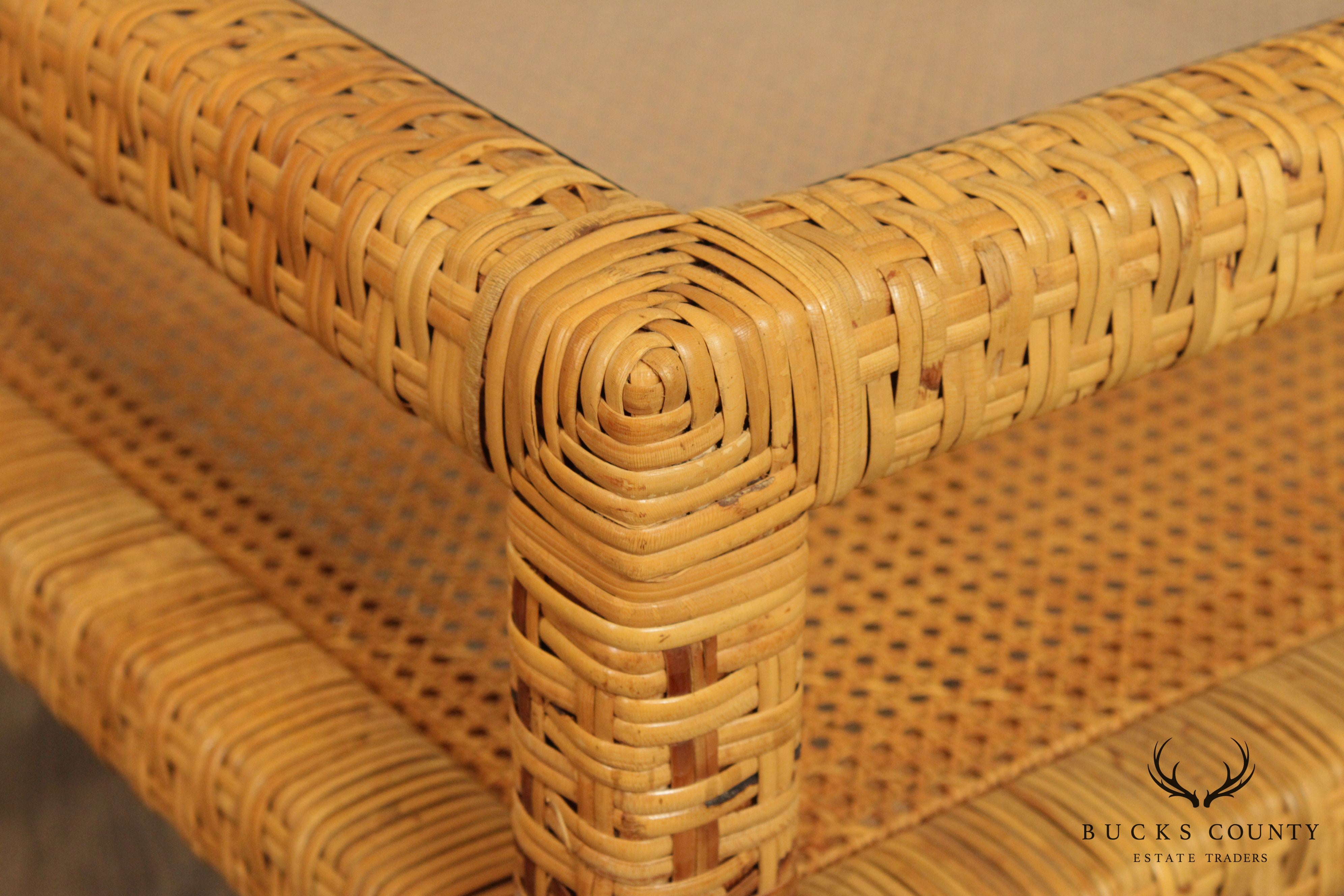 Vintage Wicker Rattan Square End Table with Glass Top