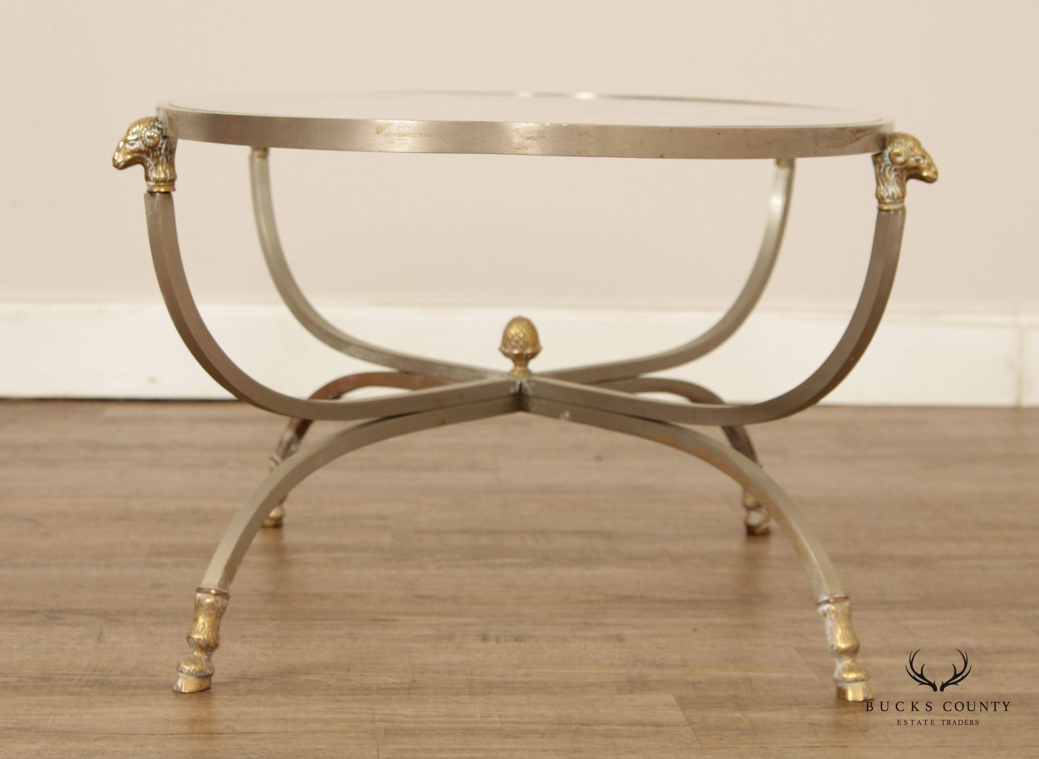 Directoire Neoclassical Style Vintage Brushed Steel, Brass, and Glass Top Coffee Table