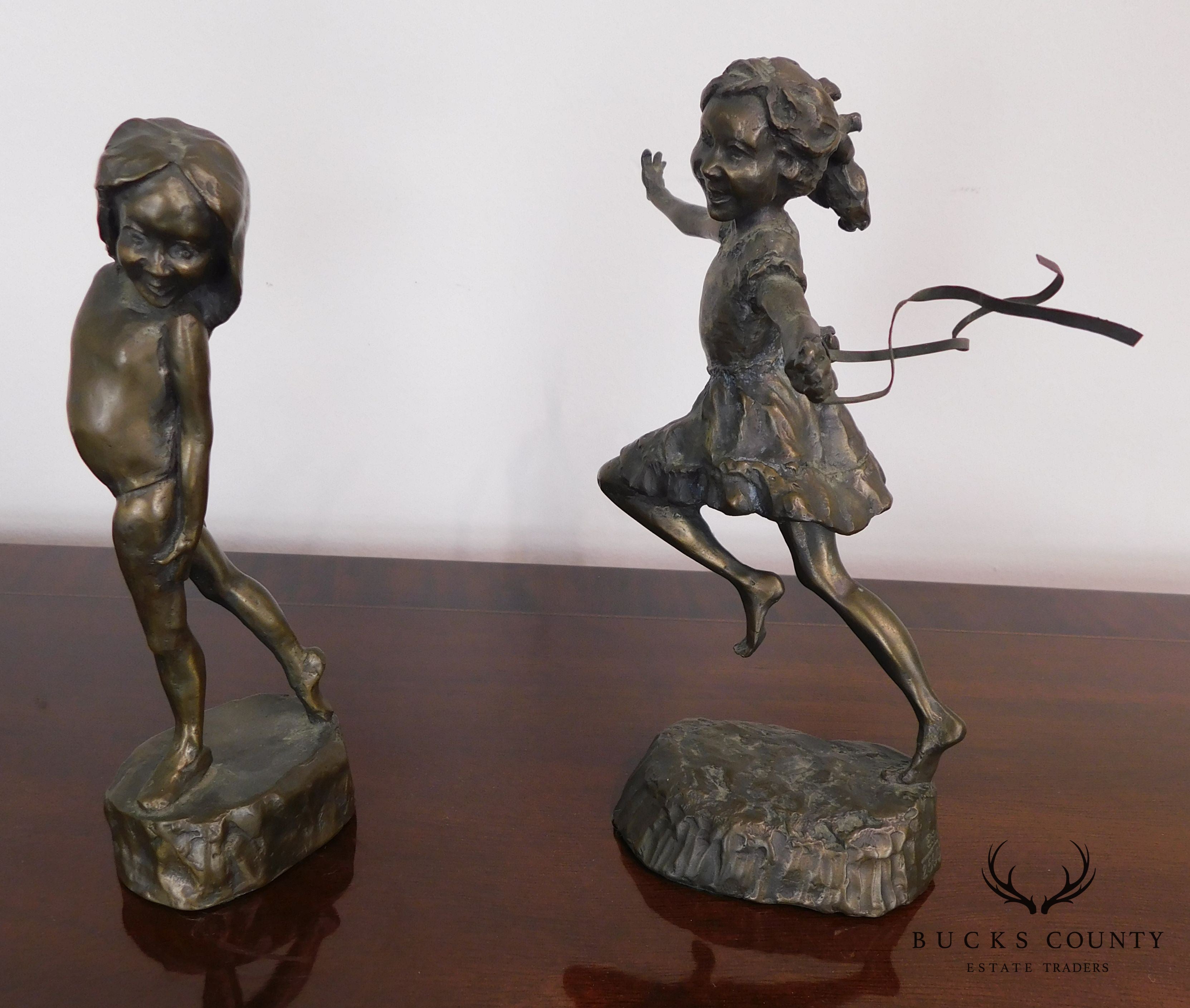 Mark Hopekins Signed "Kids Play" Pair Patinated Bronze Figurines