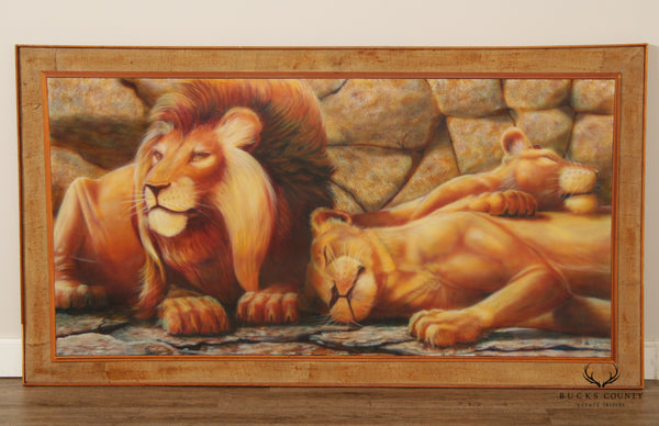 Contemporary 1970s Safari Lions Sleeping Large Scale Original Painting, Signed