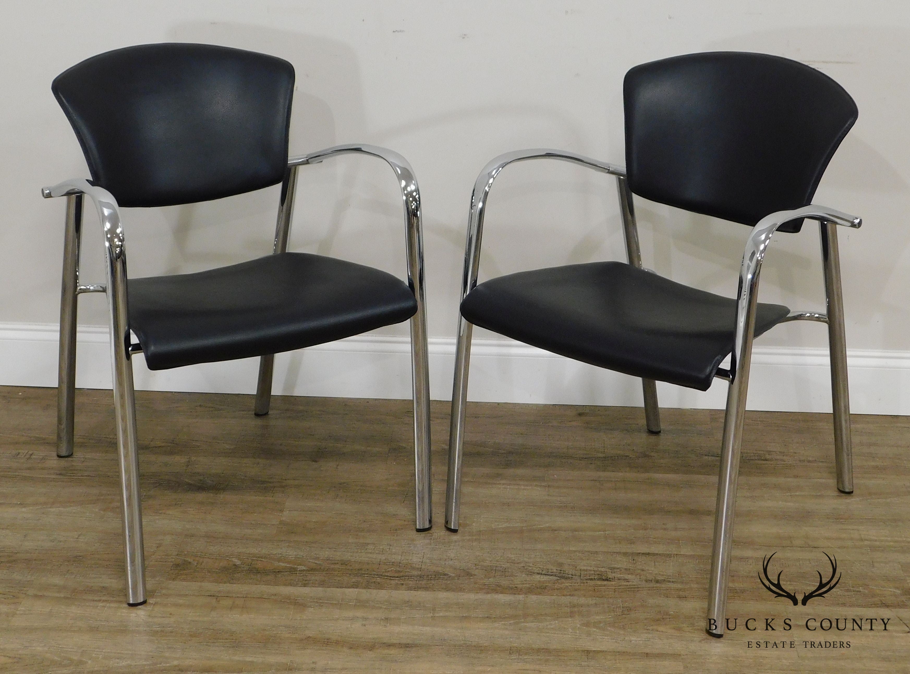 Brayton International Collection Steelcase Pair Chrome & Black Leather Armchairs