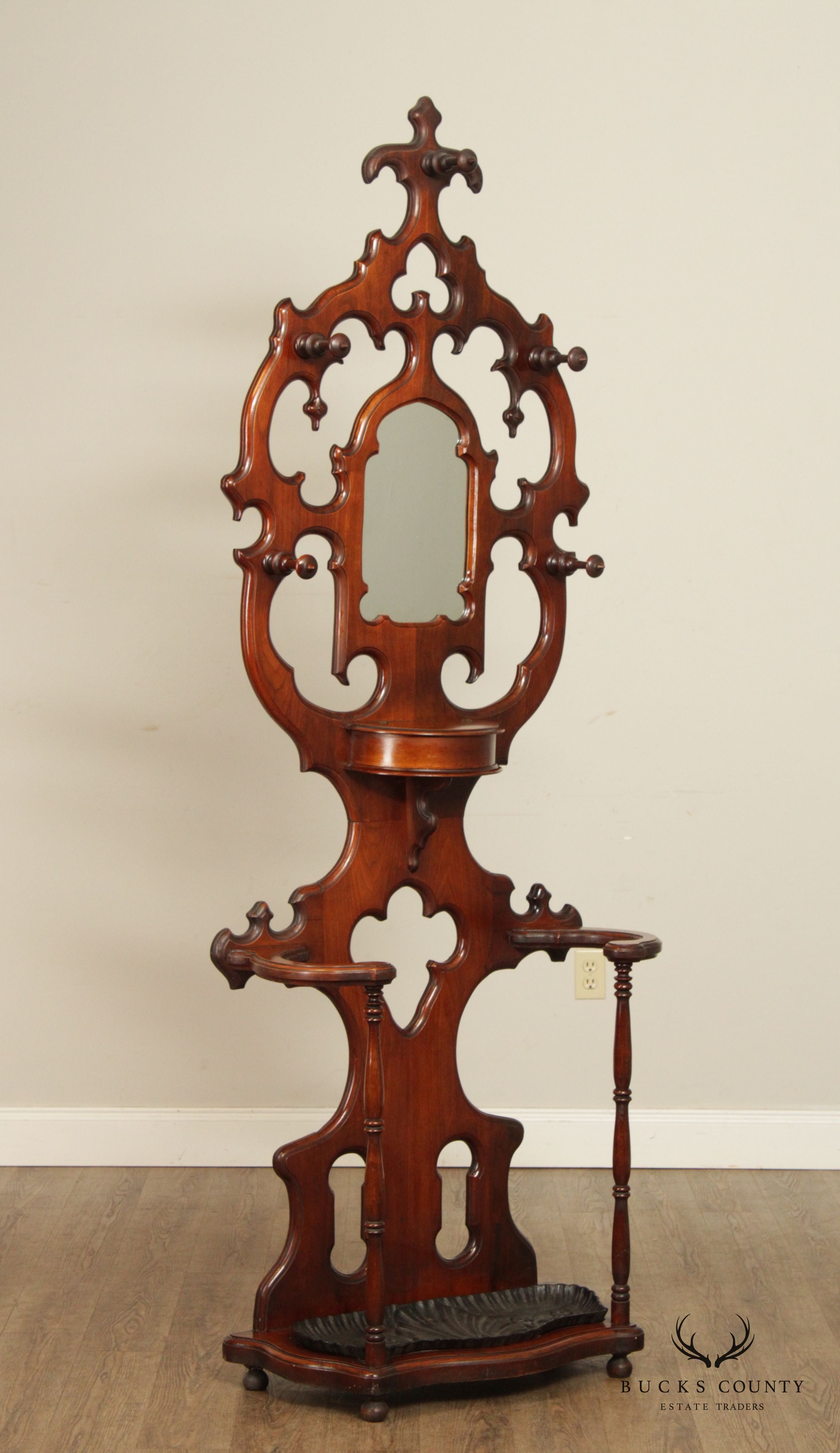 Antique 19th C. Victorian Walnut Hall Tree with Mirror